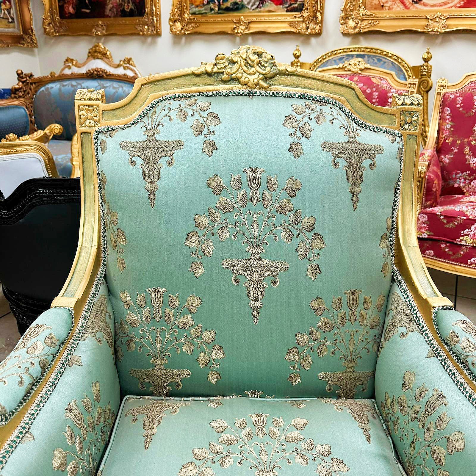 French Louis XV Style Blue Green Bergere Wing Chair with Gold Details