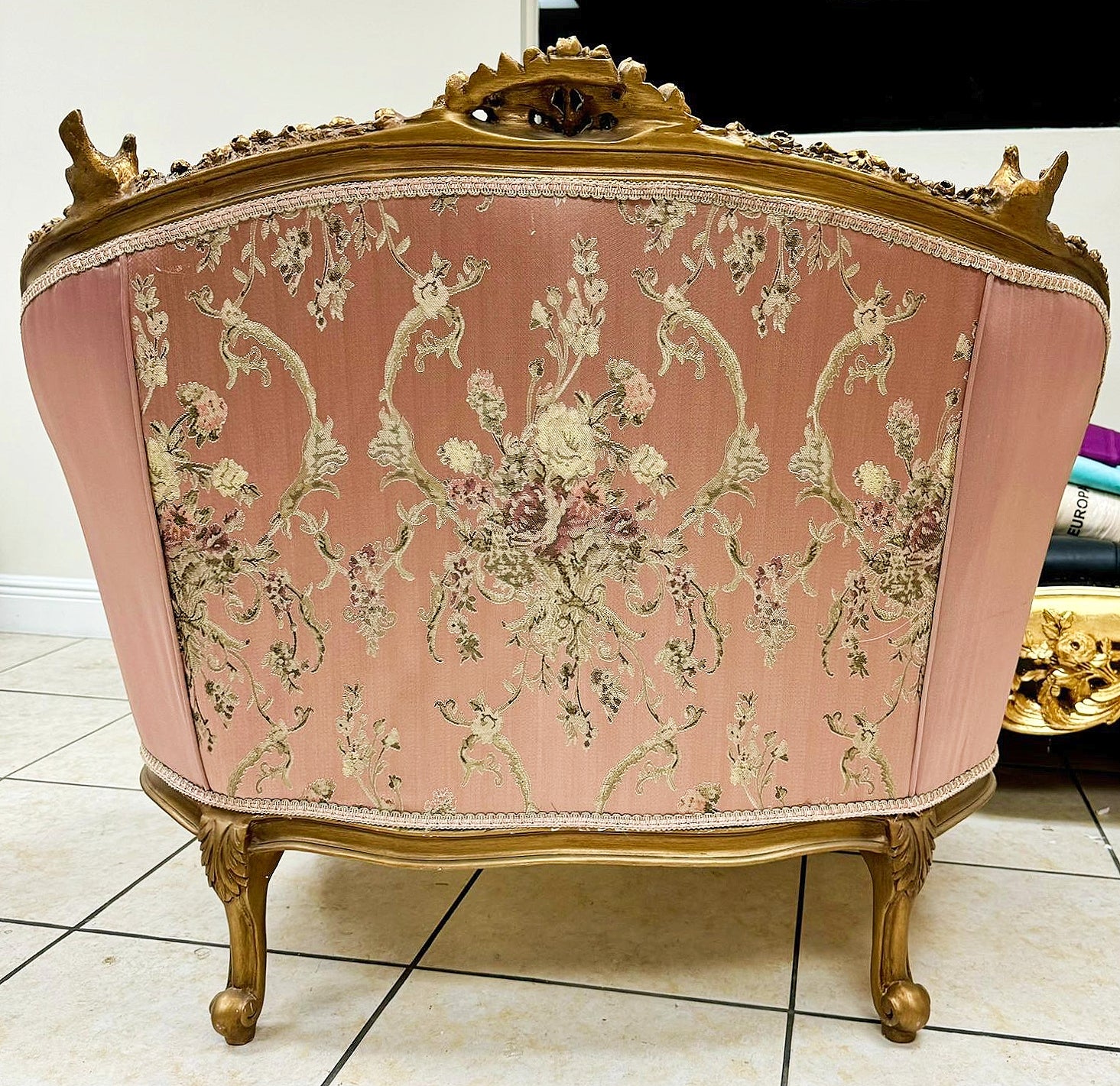 French Rococo Style Pink Sofa – Gold Leaf Detailing with Designer Upholstery