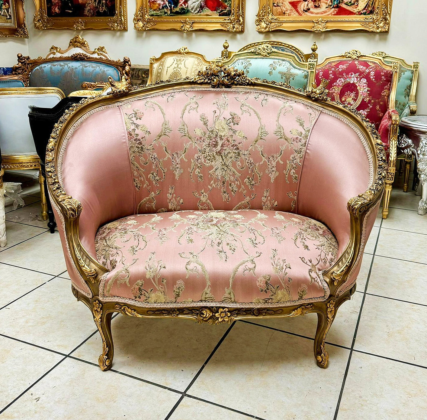 French Rococo Style Pink Sofa With Gold Details