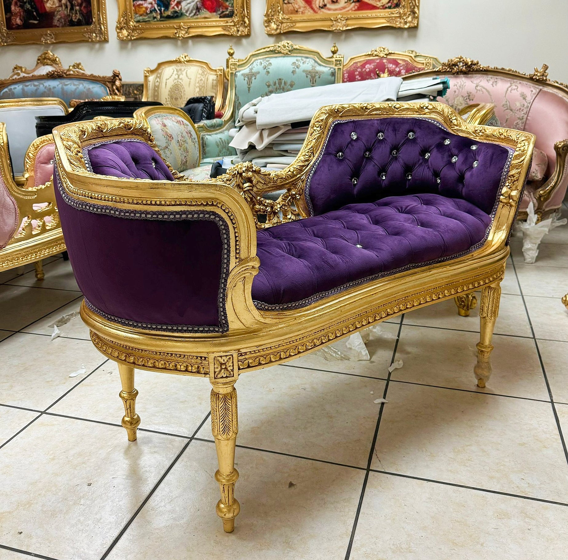 Tufted Bench Purple Velvet French Style Gold Details Rococo Baroque Furniture
