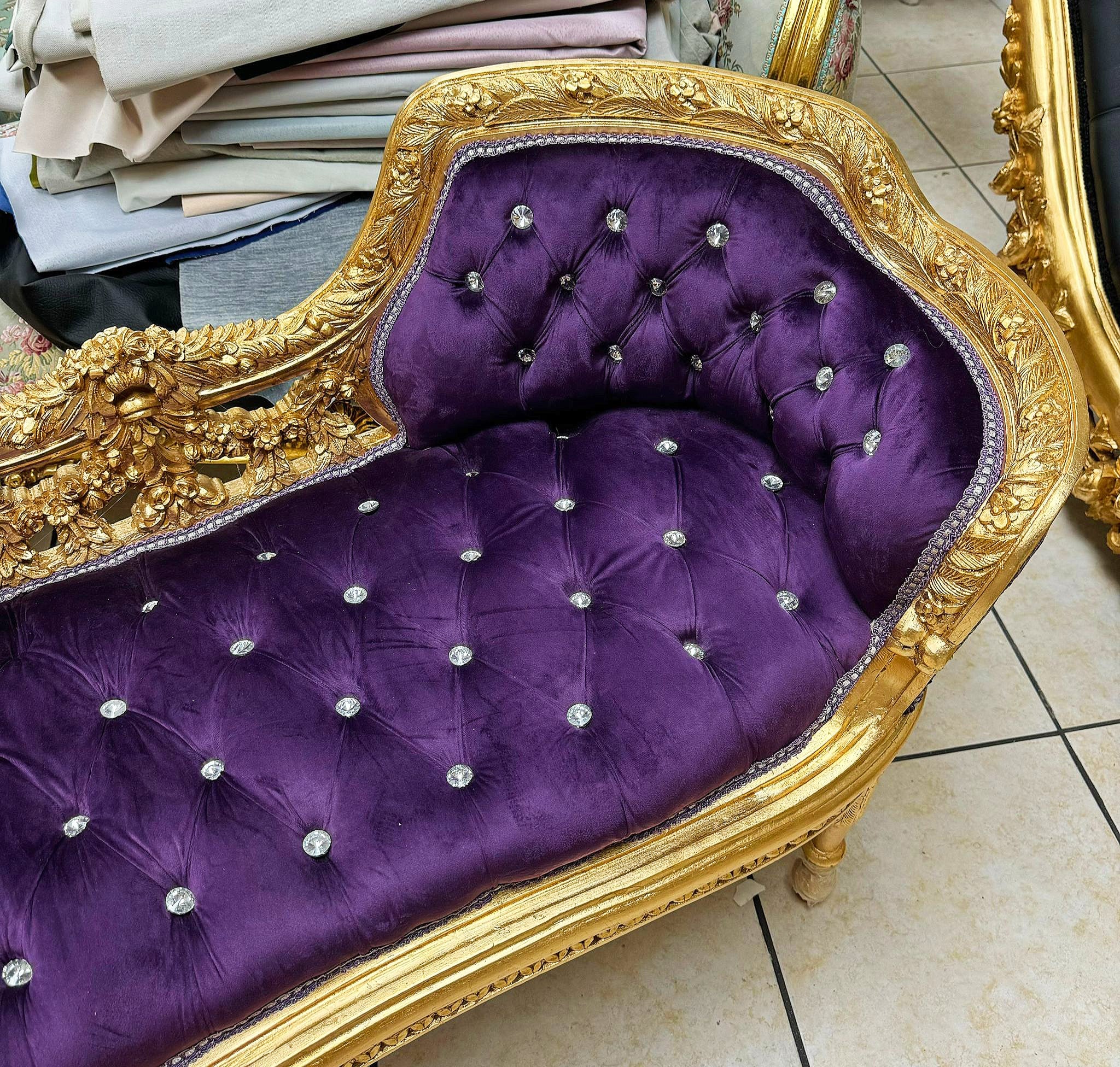 Tufted Bench Purple Velvet French Style Gold Details Rococo Baroque Furniture