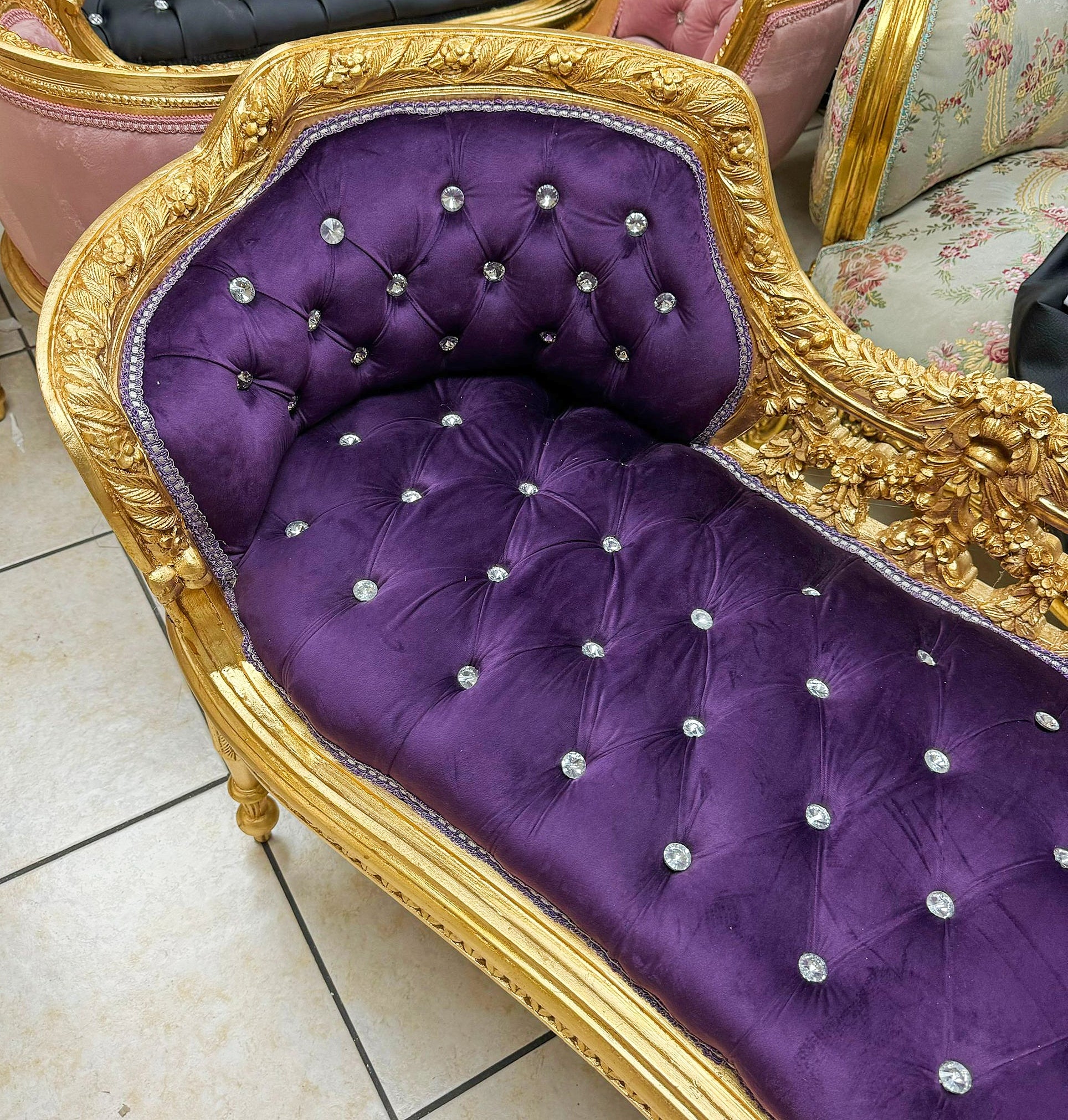 Tufted Bench Purple Velvet French Style Gold Details Rococo Baroque Furniture