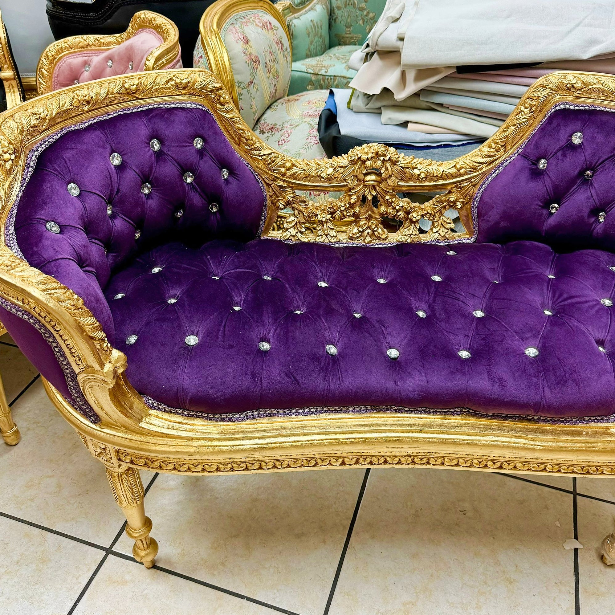 Tufted Bench Purple Velvet French Style Gold Details Rococo Baroque Furniture