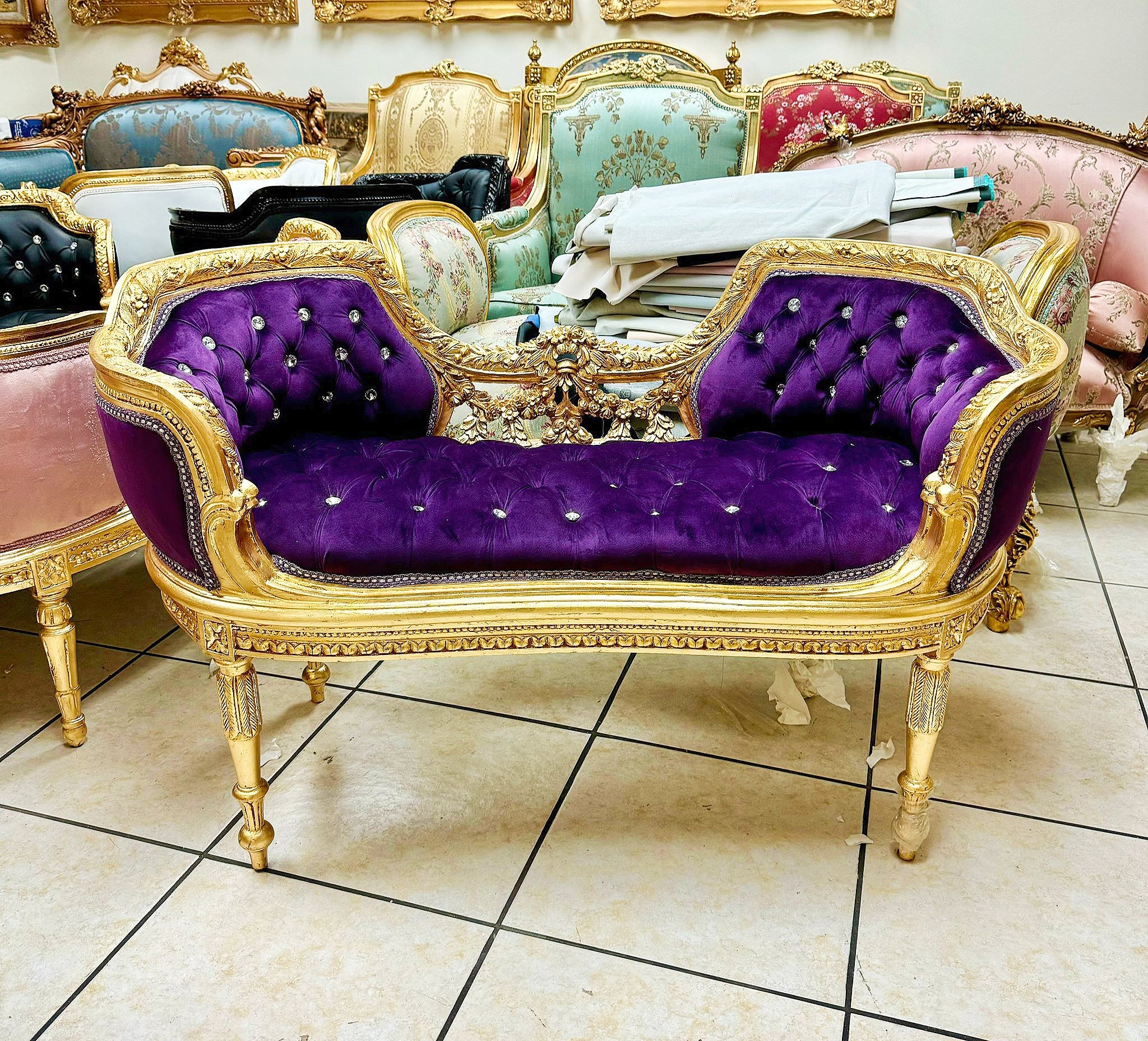 Tufted Bench Purple Velvet French Style Gold Details Rococo Baroque Furniture
