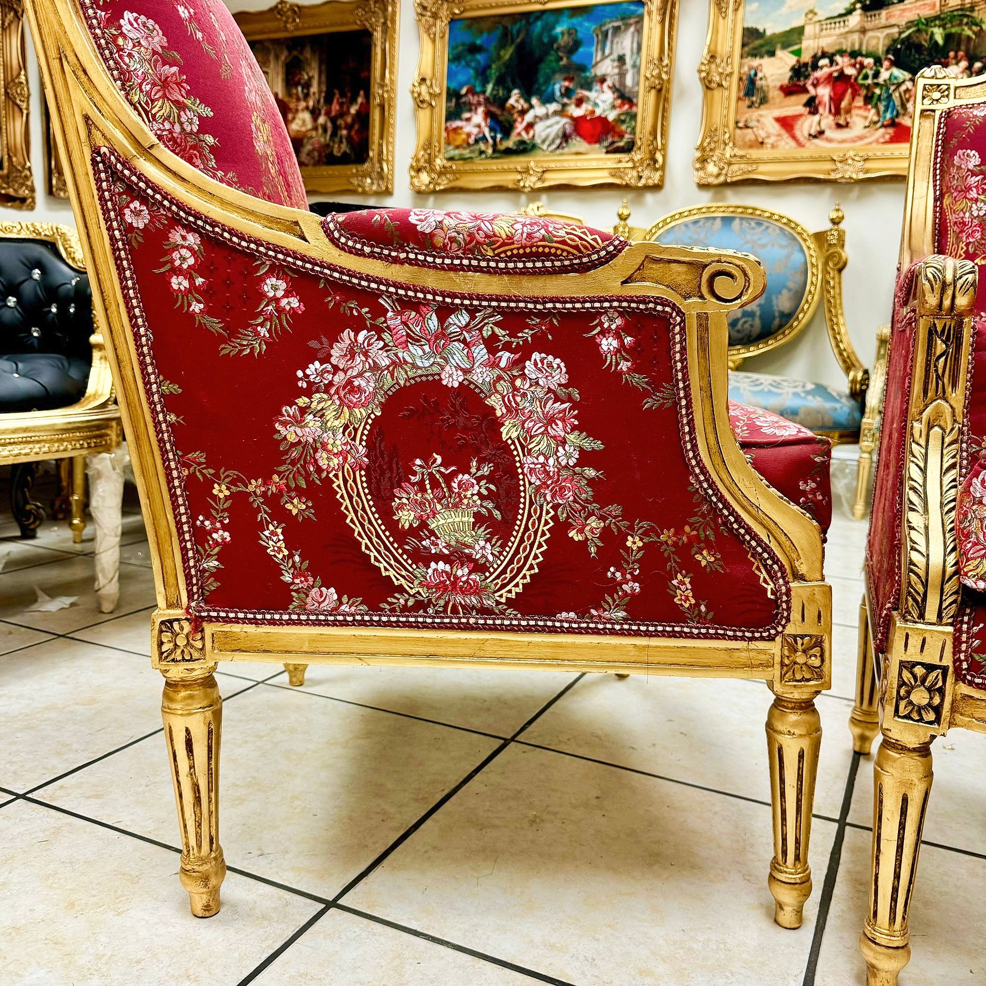 Ornate French Louis XV Bergère – Red Upholstery, Gold Trim Accent Chair