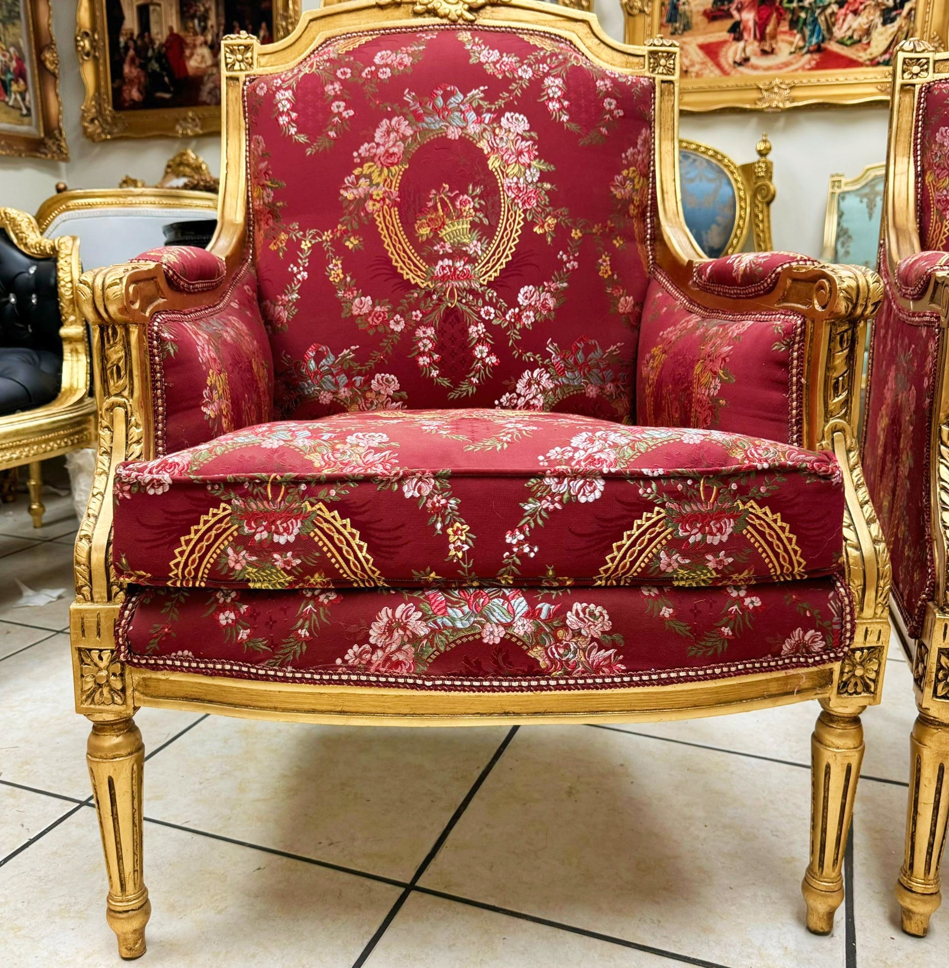 Ornate French Louis XV Bergère – Red Upholstery, Gold Trim Accent Chair