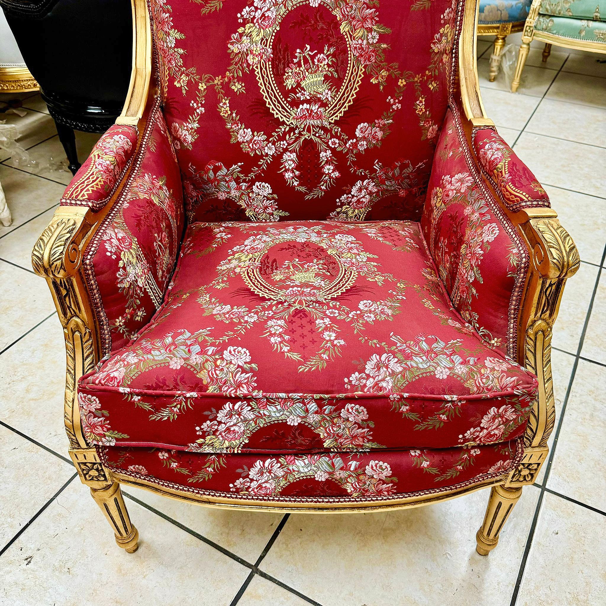 Ornate French Louis XV Bergère – Red Upholstery, Gold Trim Accent Chair