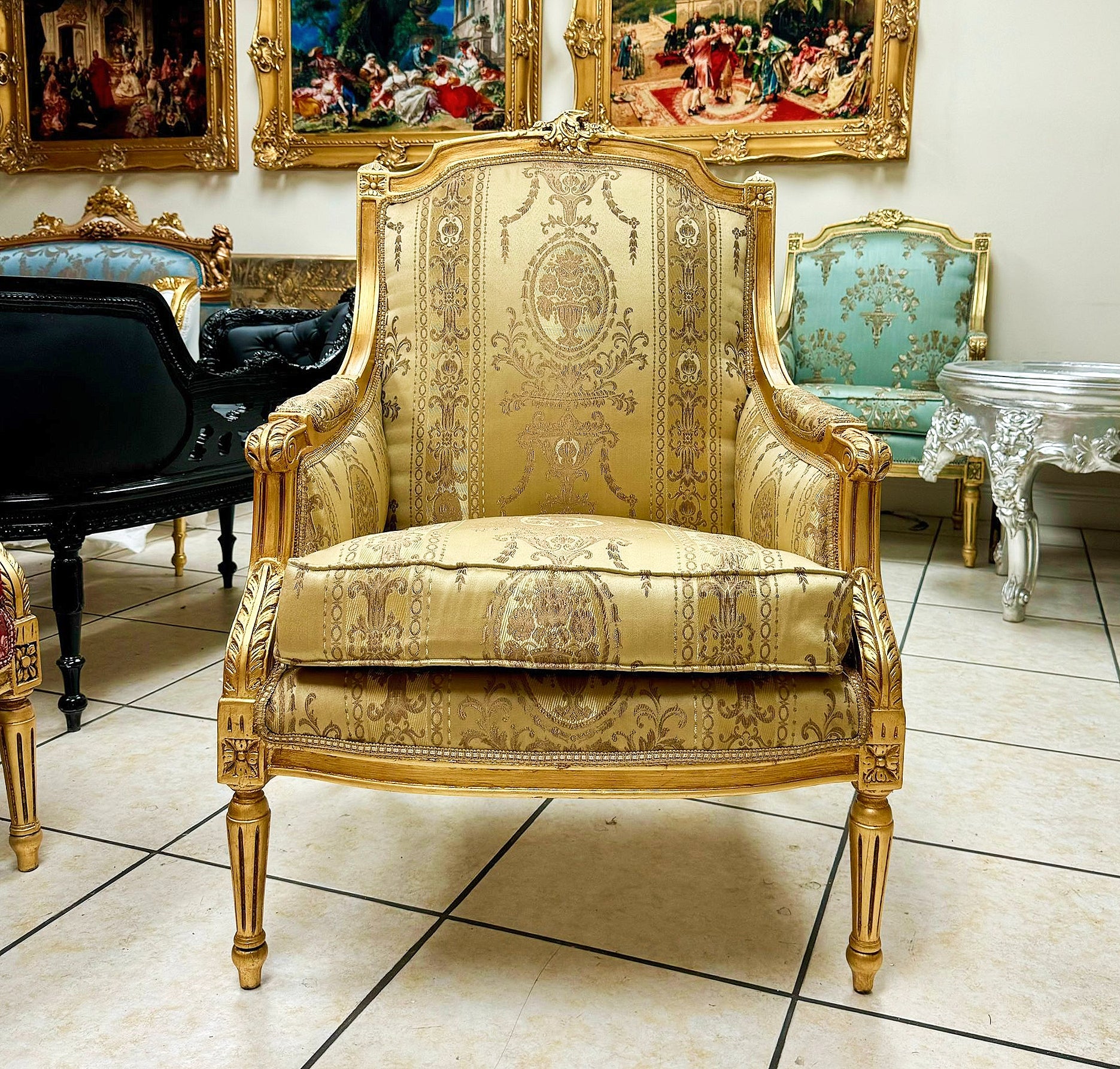 French Louis XV Style Gold Bergere Wing Chair with Gold Leaf Details