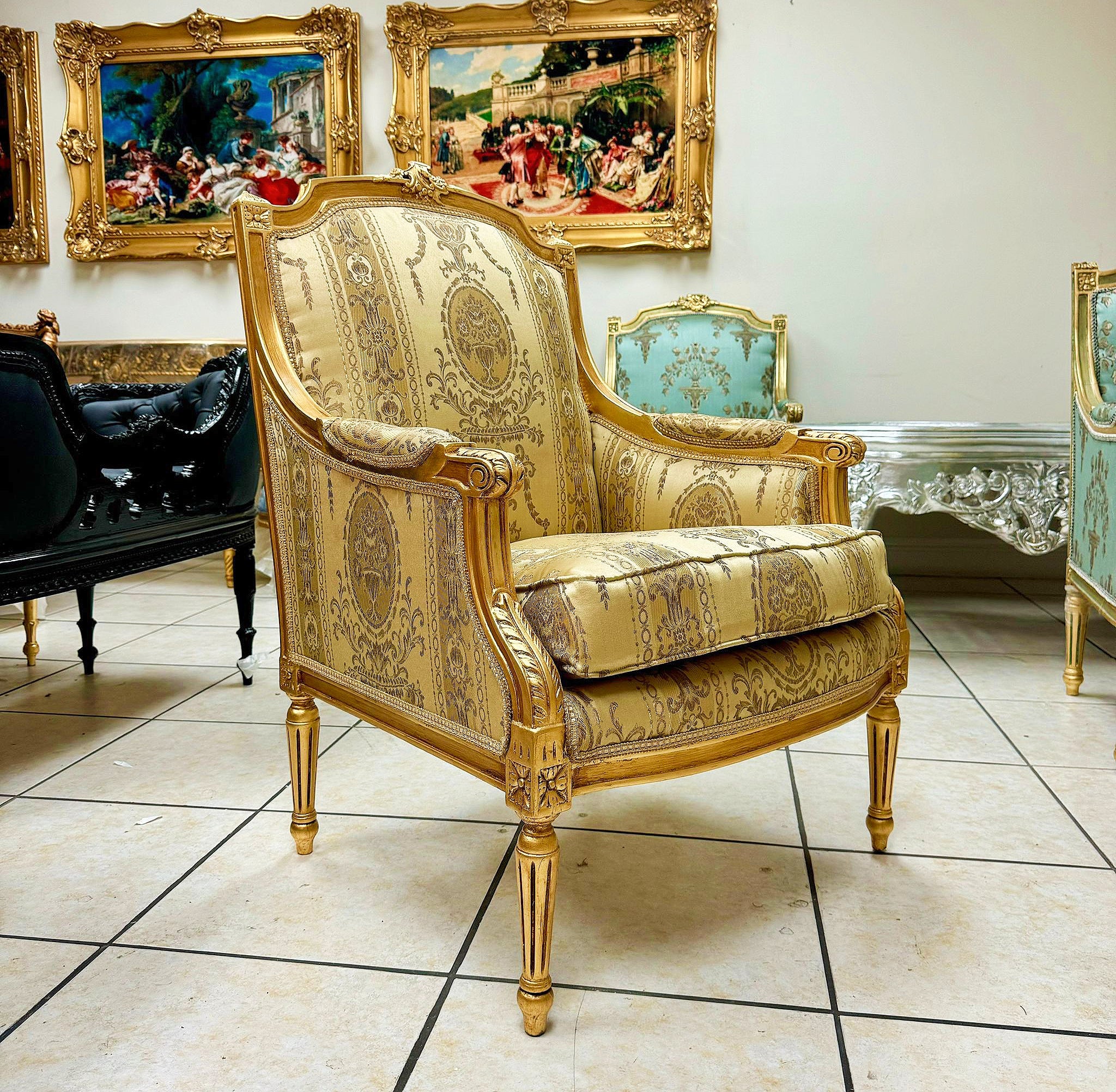 French Louis XV Style Gold Bergere Wing Chair with Gold Leaf Details