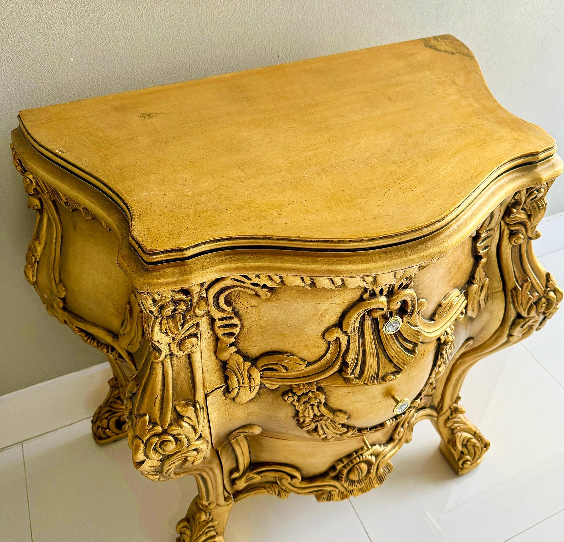 French Baroque Style Gold Commode Bedside Table *3 drawers*