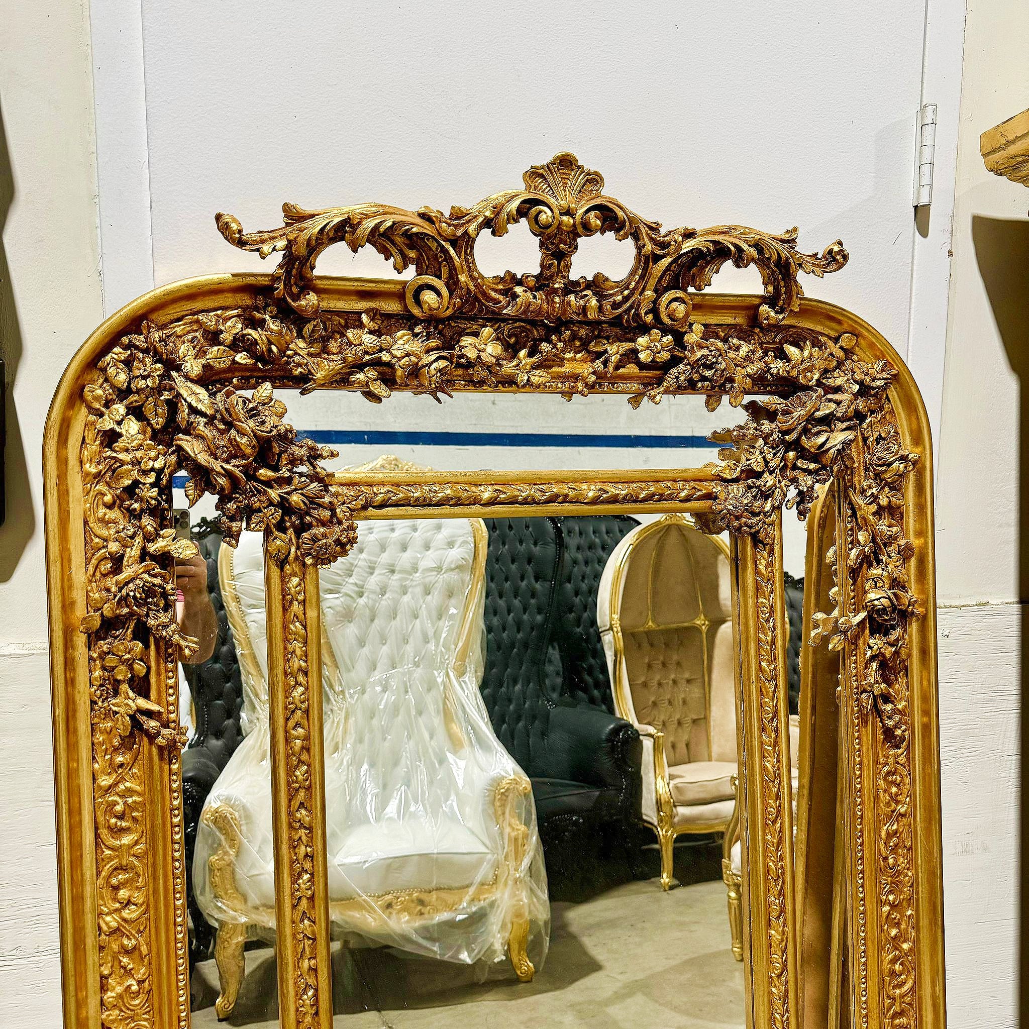 Ornate French Gold Leaf Mirror – Baroque Style Full-Length Floor Mirror