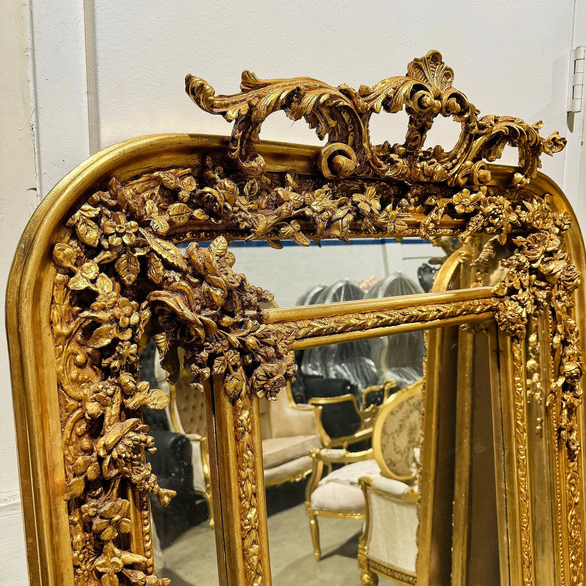 Ornate French Gold Leaf Mirror – Baroque Style Full-Length Floor Mirror