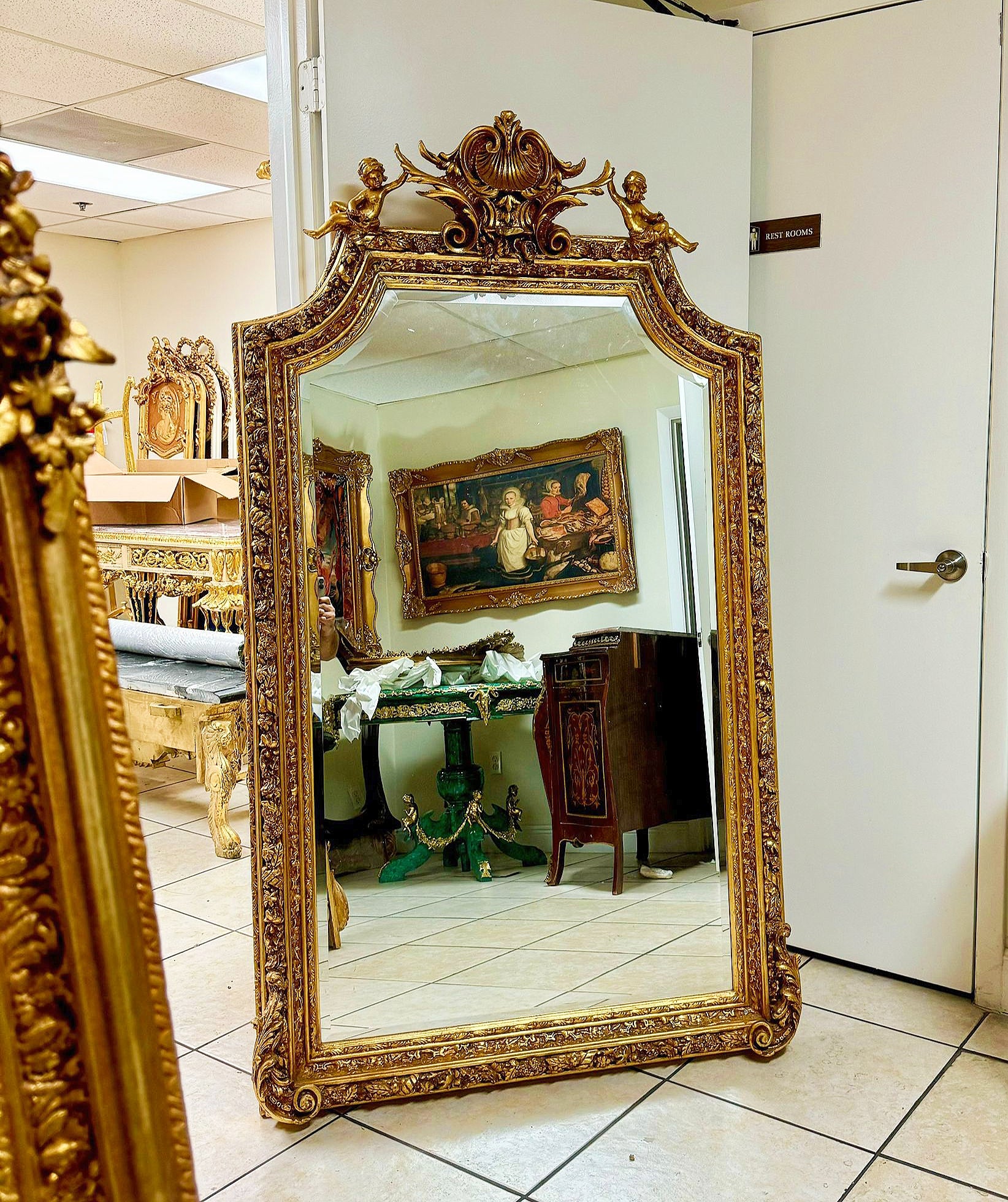 French Baroque Gold Leaf Floor Mirror Handcrafted w/ Angel Ornate Details