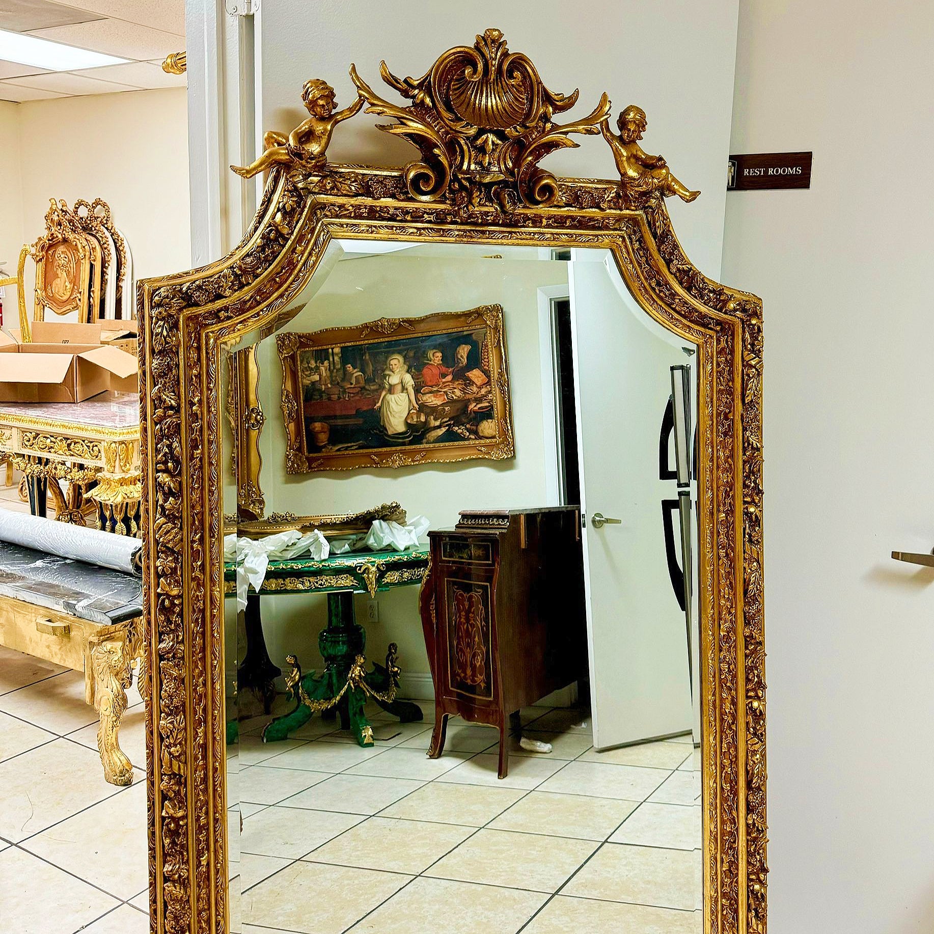 French Baroque Gold Leaf Floor Mirror Handcrafted w/ Angel Ornate Details