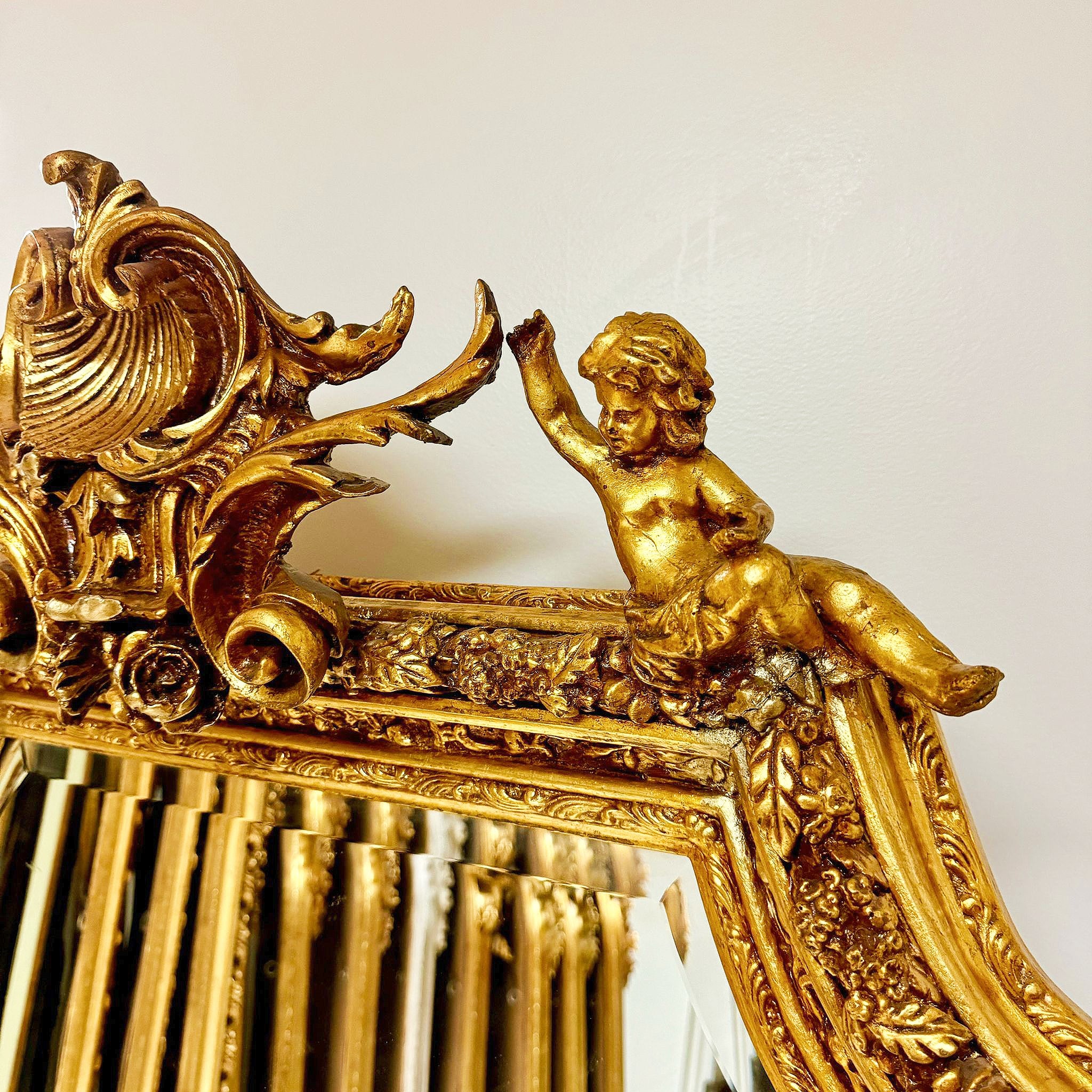 French Baroque Gold Leaf Floor Mirror Handcrafted w/ Angel Ornate Details