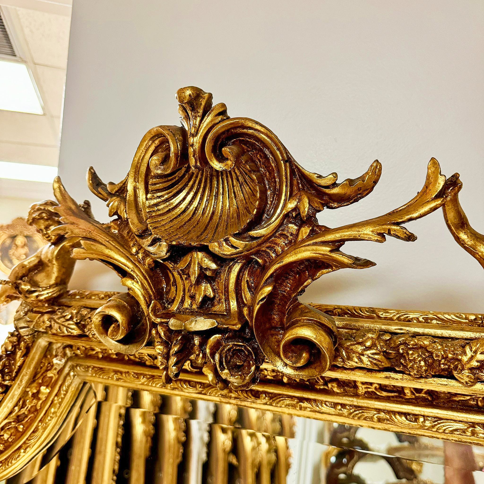 French Baroque Gold Leaf Floor Mirror Handcrafted w/ Angel Ornate Details