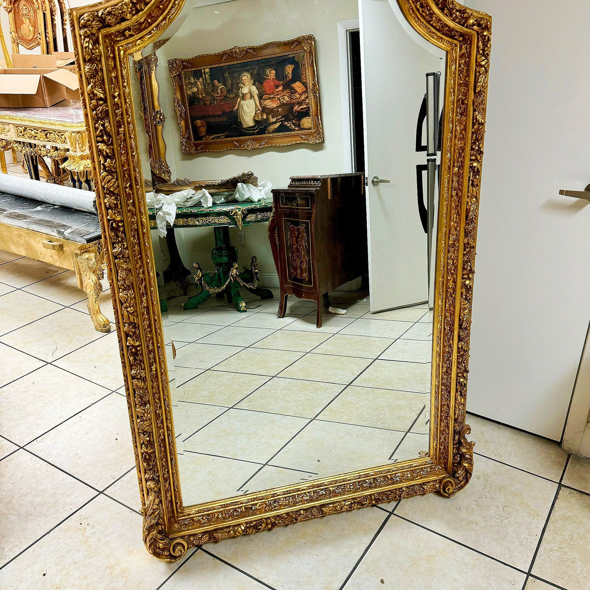 French Baroque Gold Leaf Floor Mirror Handcrafted w/ Angel Ornate Details