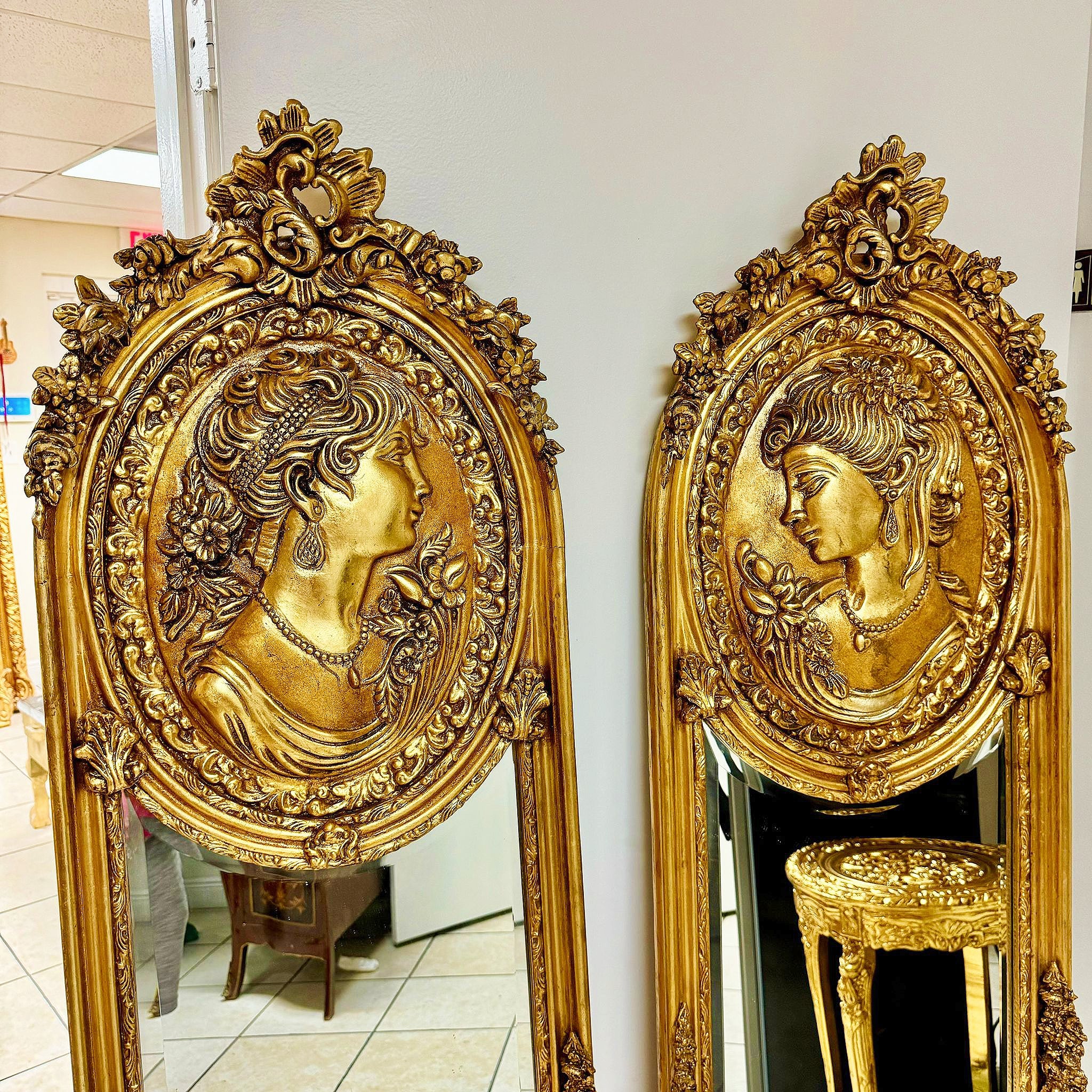 Elegant Gold Leaf Baroque Floor Mirror Set– French Style with Female Sculpture
