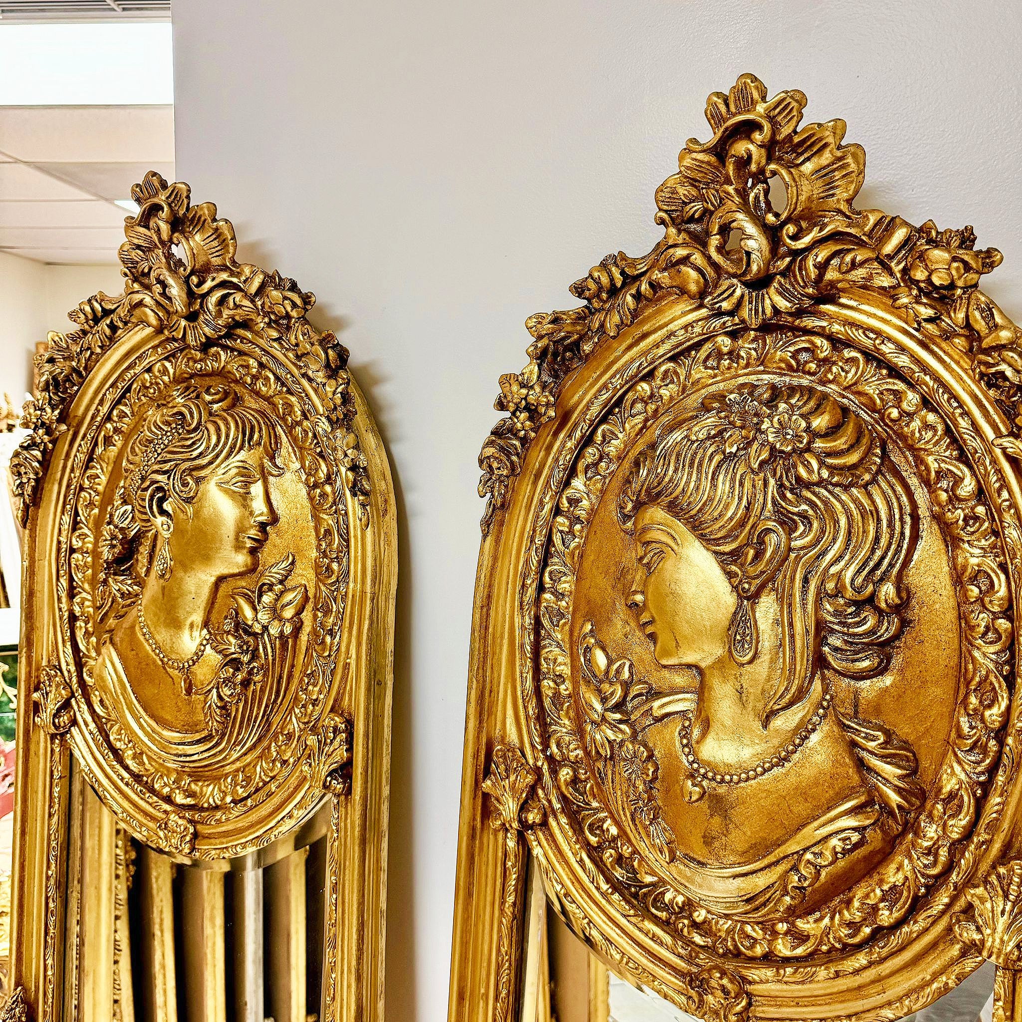 Elegant Gold Leaf Baroque Floor Mirror Set– French Style with Female Sculpture