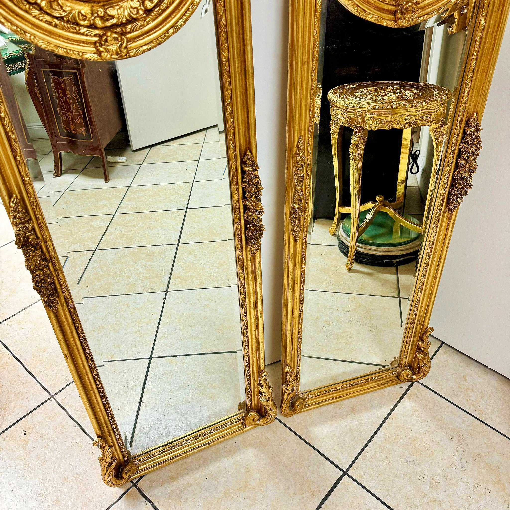 Elegant Gold Leaf Baroque Floor Mirror Set– French Style with Female Sculpture