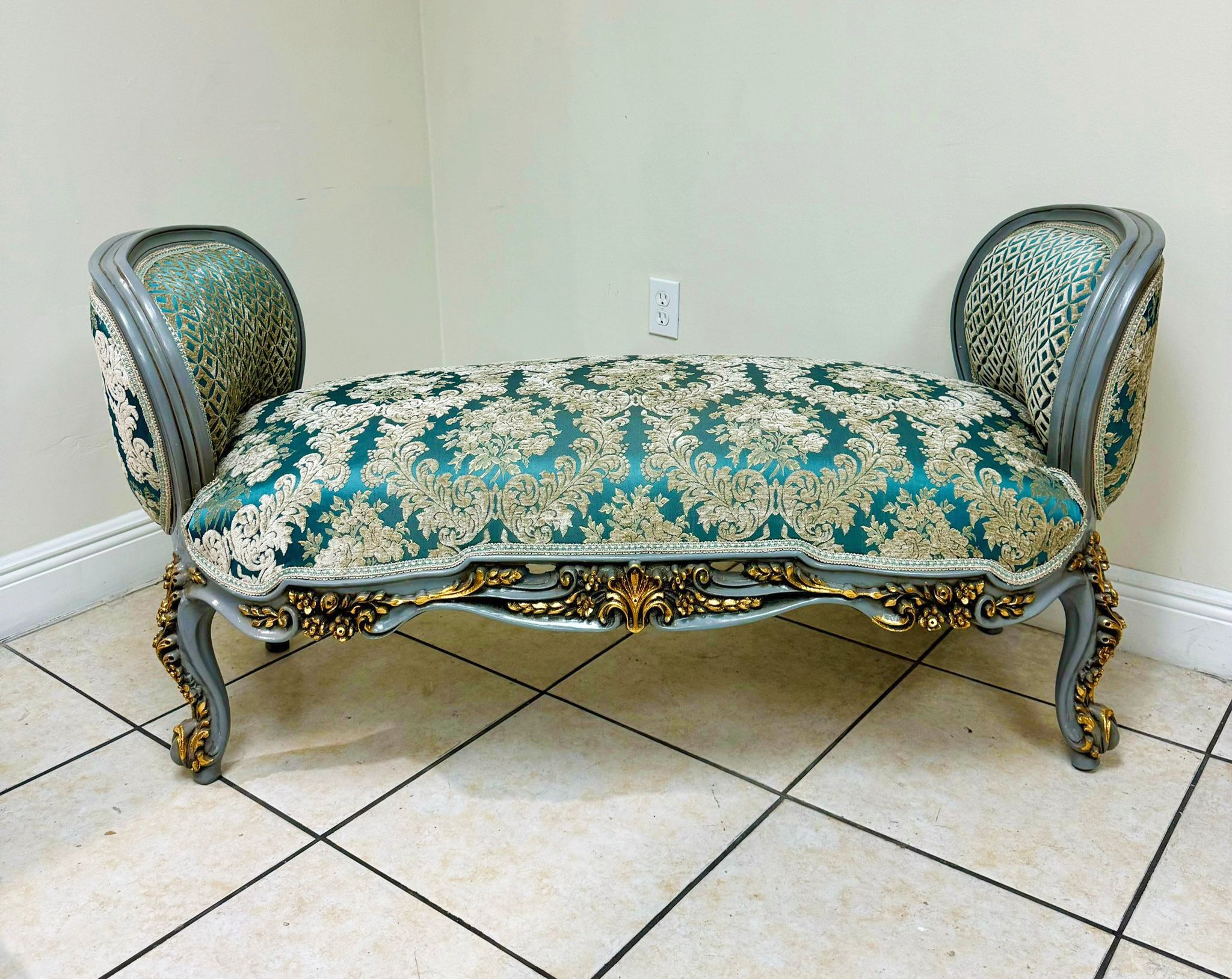 Marquis Bench French Style Blue and Gold Details Interior Design Furniture