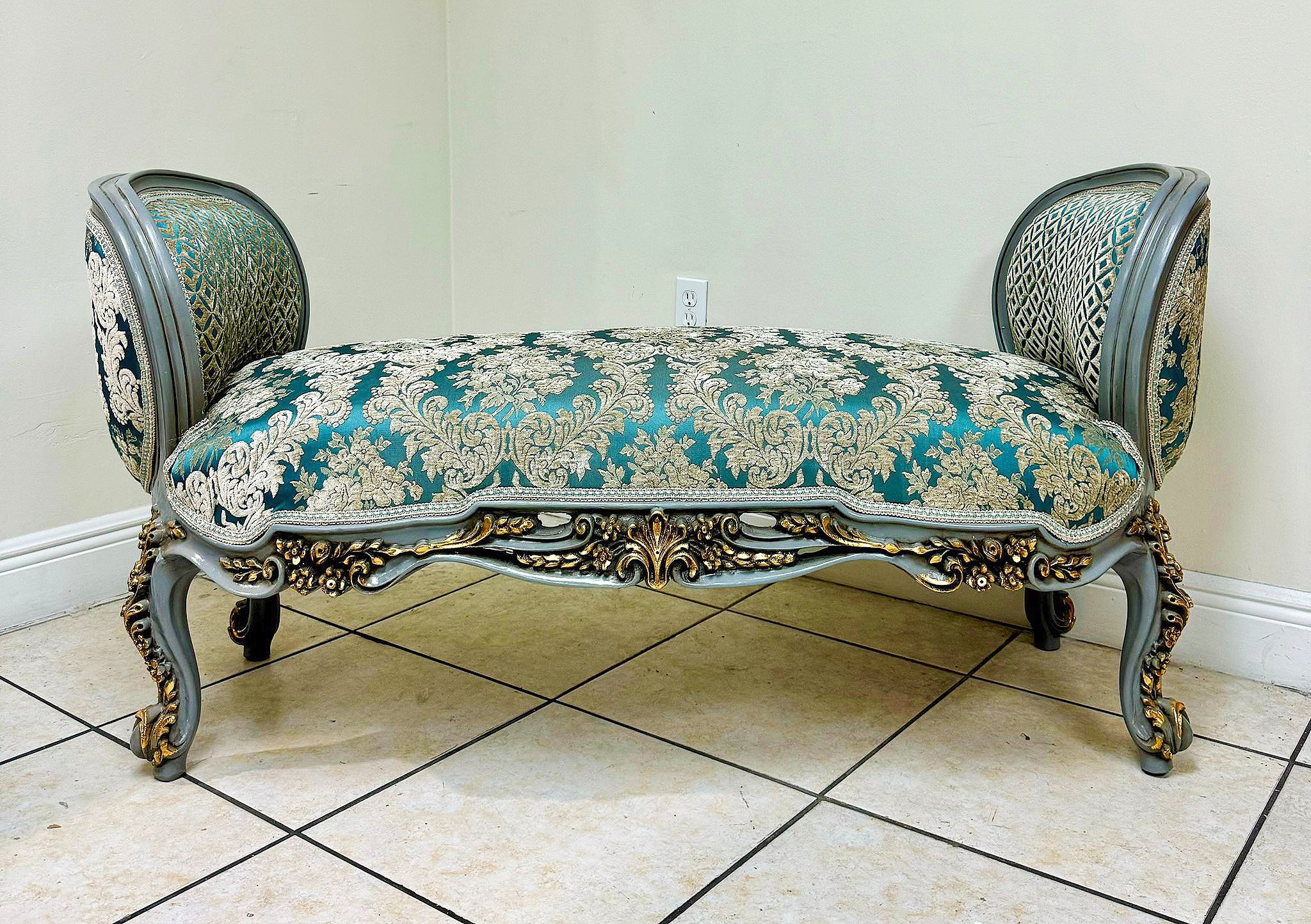 Marquis Bench French Style Blue and Gold Details Interior Design Furniture
