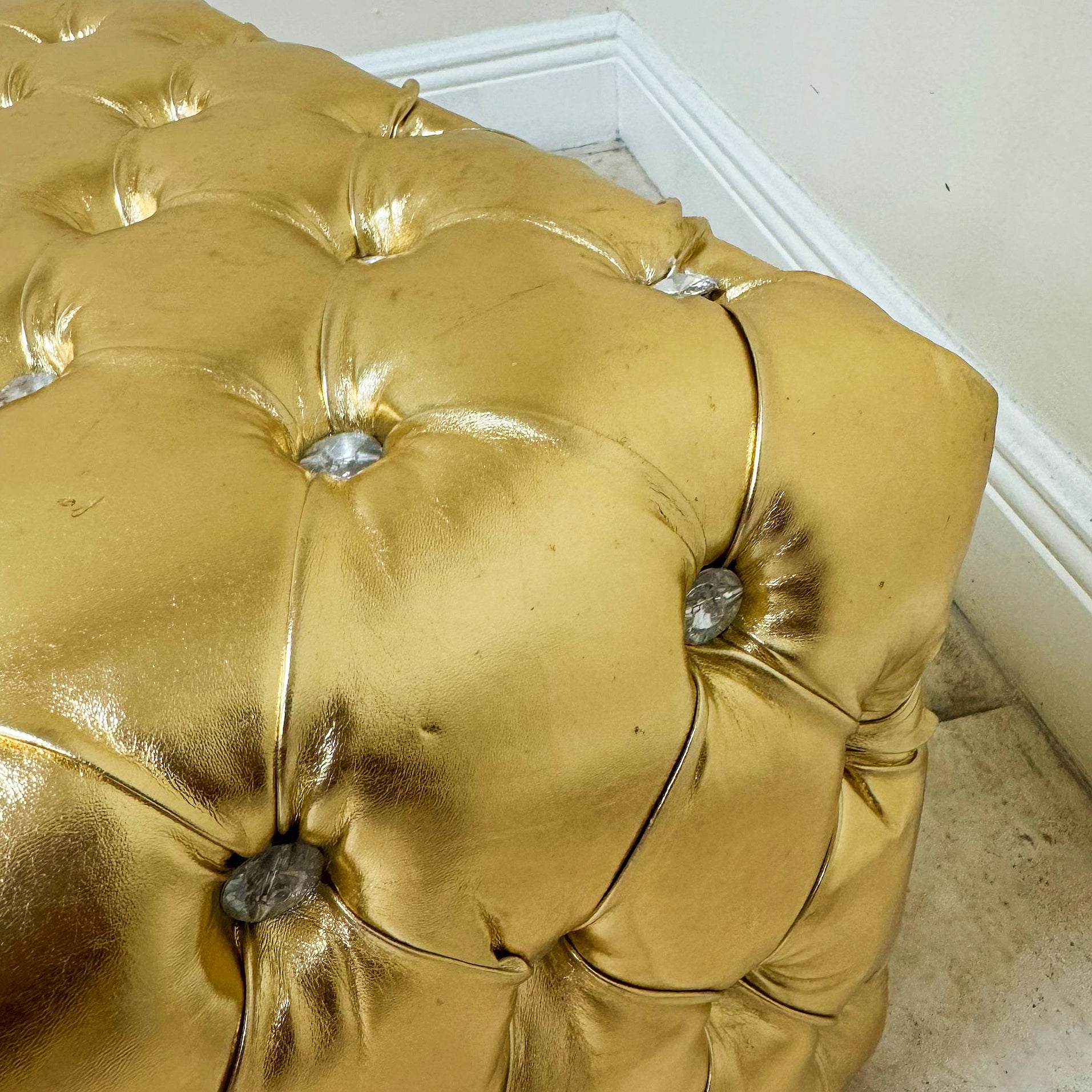 Chesterfield Footstool Gold Leather Tufted fabric Crystal Buttons