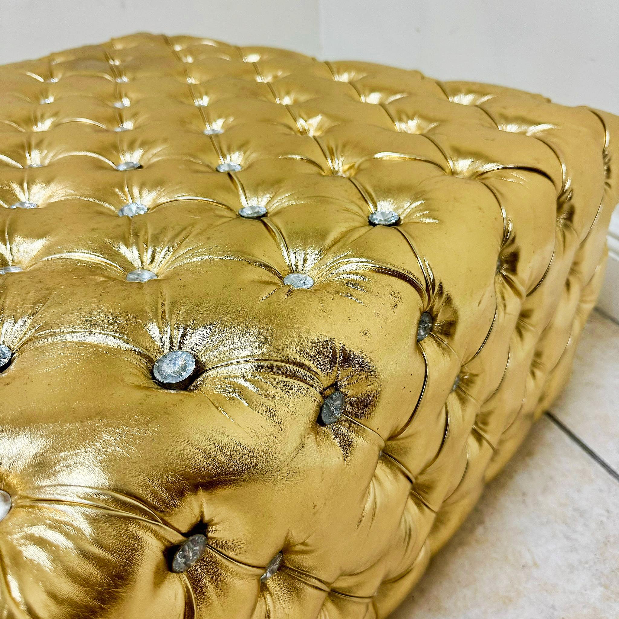 Chesterfield Footstool Gold Leather Tufted fabric Crystal Buttons