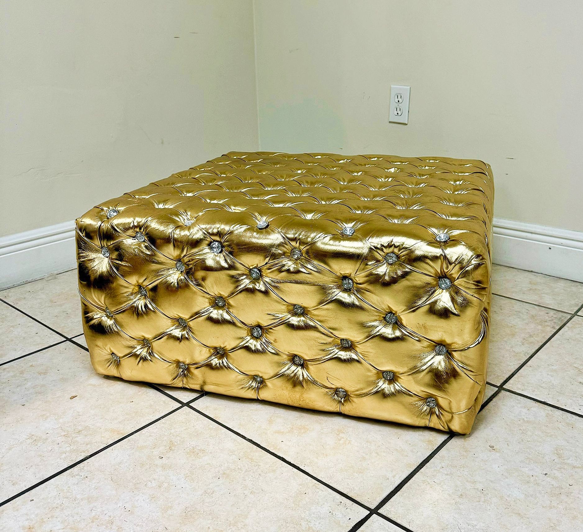 Chesterfield Footstool Gold Leather Tufted fabric Crystal Buttons