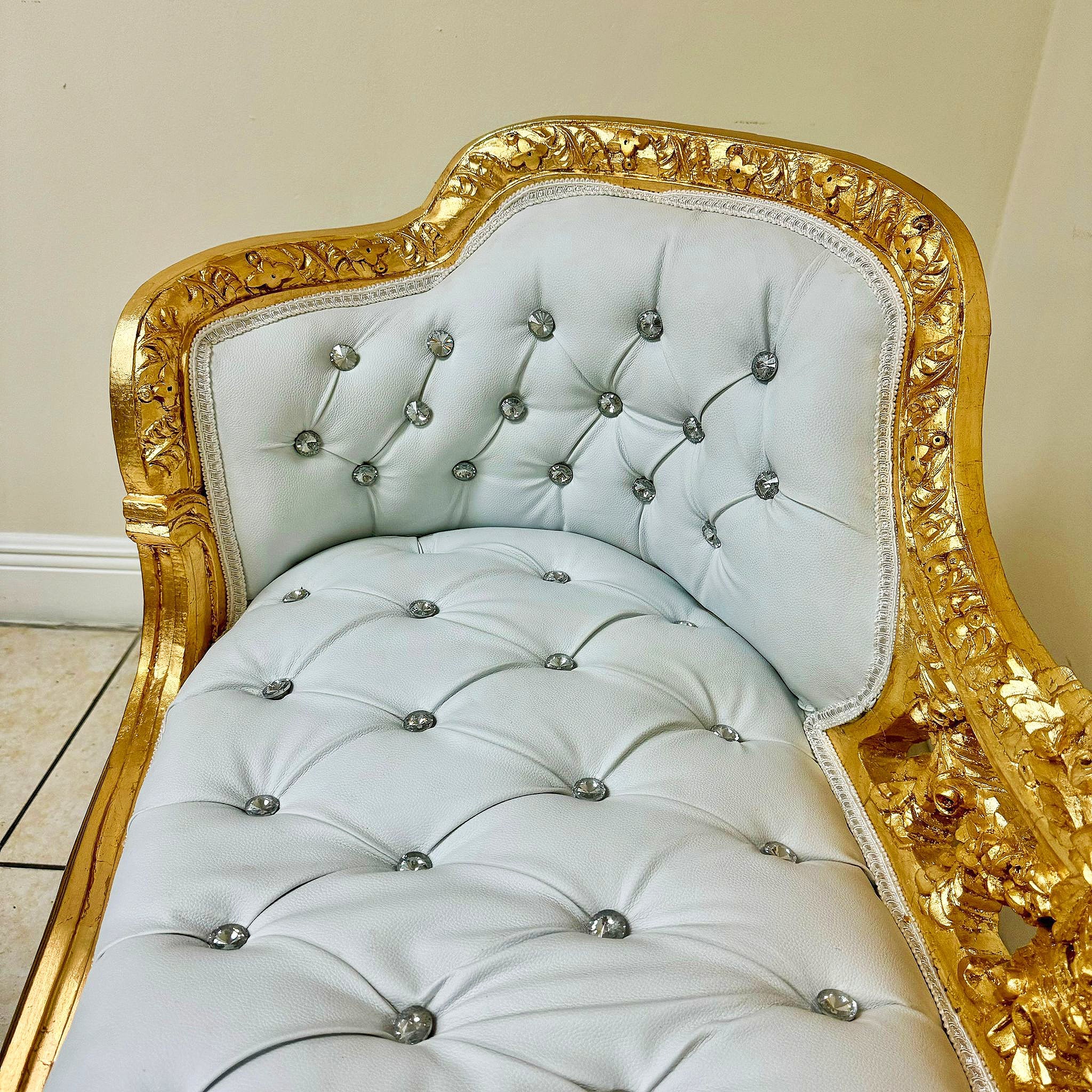 Tufted Bench White Leather French Style Gold Details Rococo Baroque Furniture