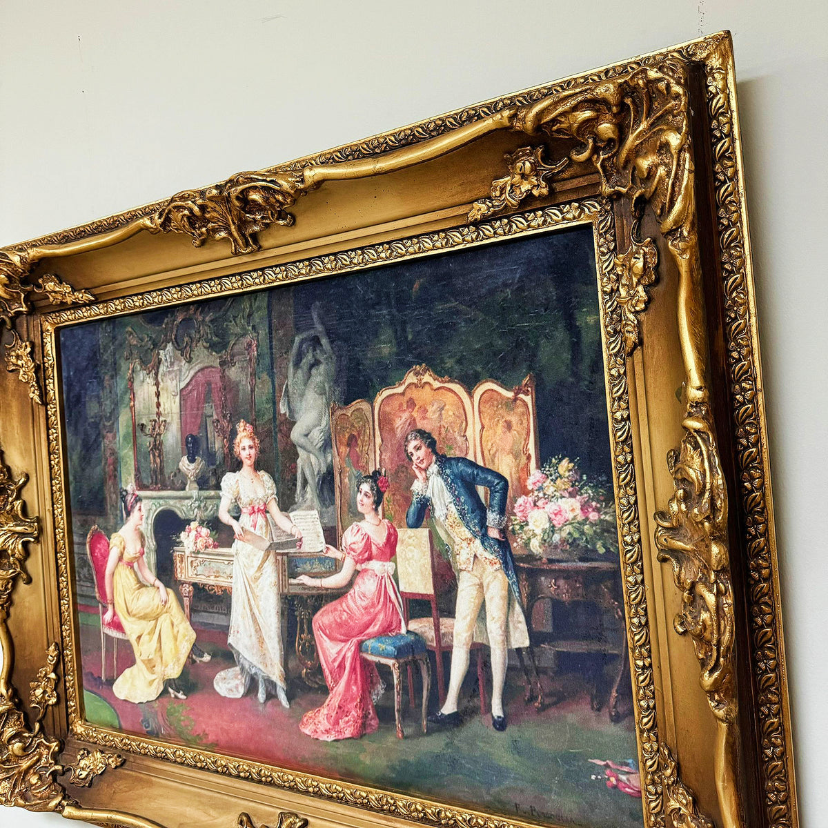 French Baroque Rococo Wall Art – Decorative Cotton Fabric Print with Ornate Gilded Frame