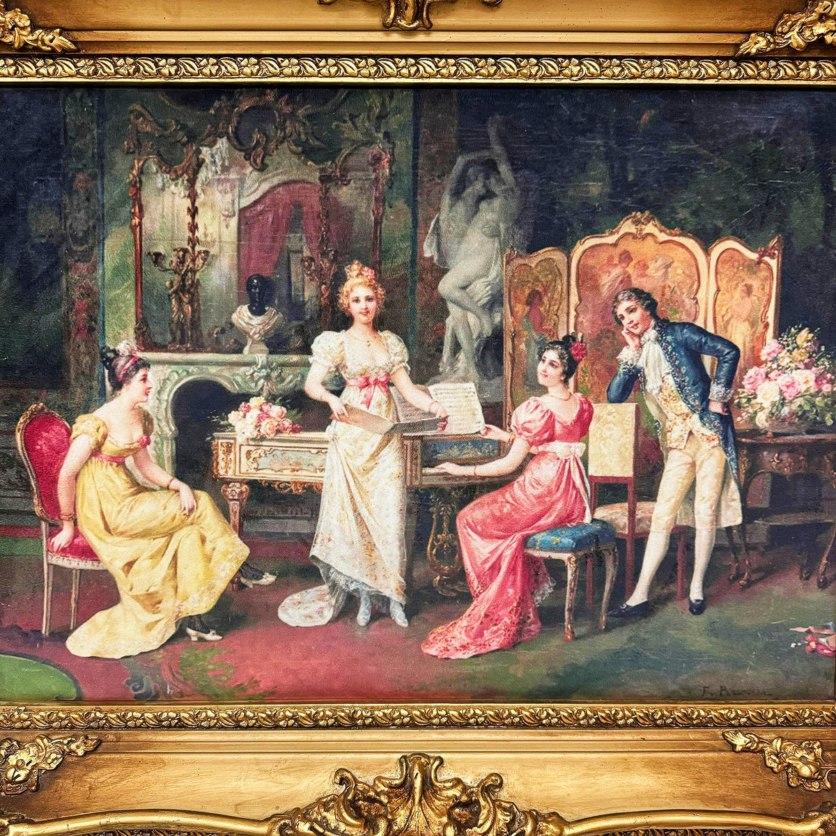 French Baroque Rococo Wall Art – Decorative Cotton Fabric Print with Ornate Gilded Frame