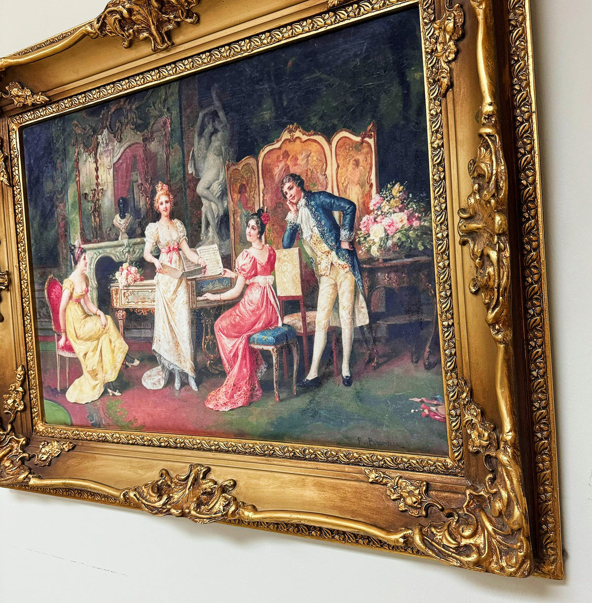 French Baroque Rococo Wall Art – Decorative Cotton Fabric Print with Ornate Gilded Frame
