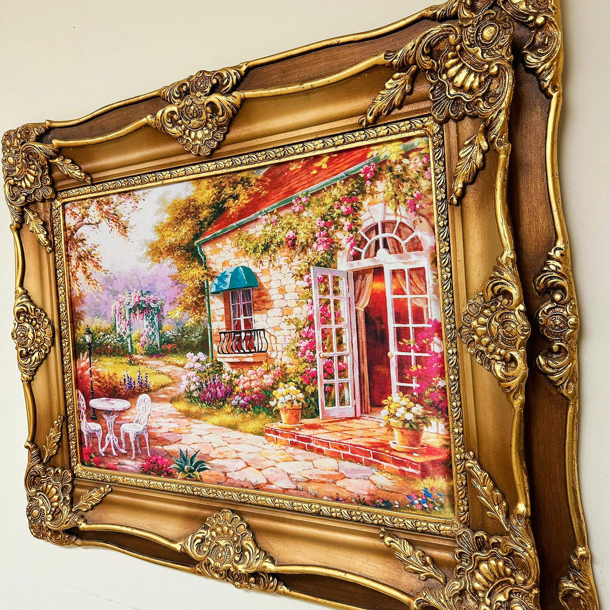 French-Style Cottage Landscape Wall Art – Colorful Garden House with Ornate Gold Leaf Frame