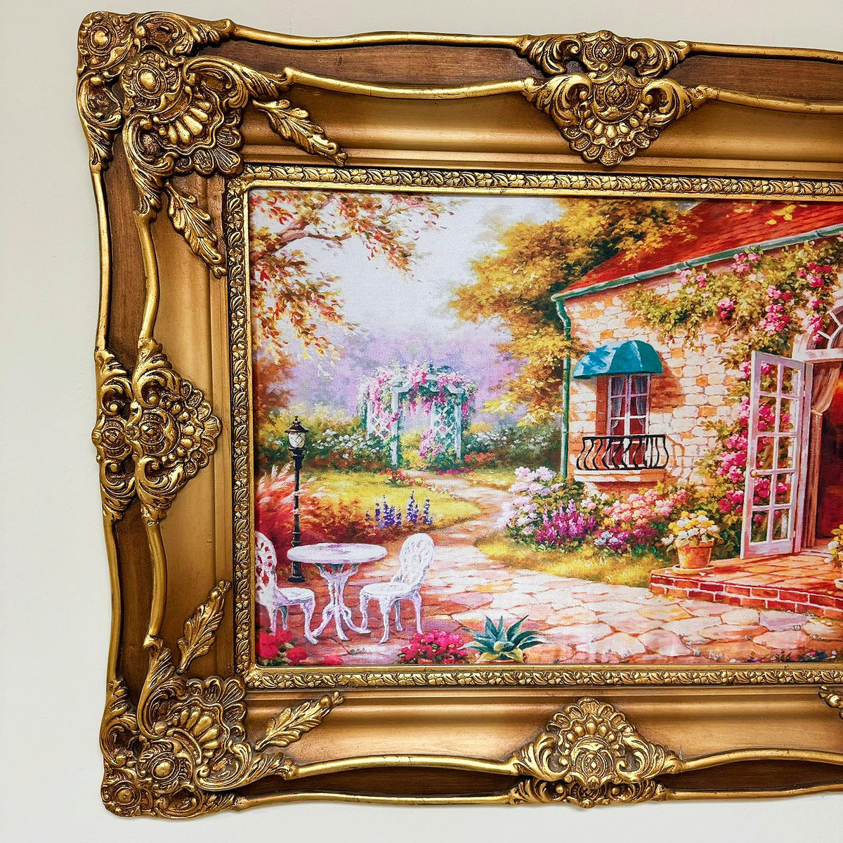 French-Style Cottage Landscape Wall Art – Colorful Garden House with Ornate Gold Leaf Frame