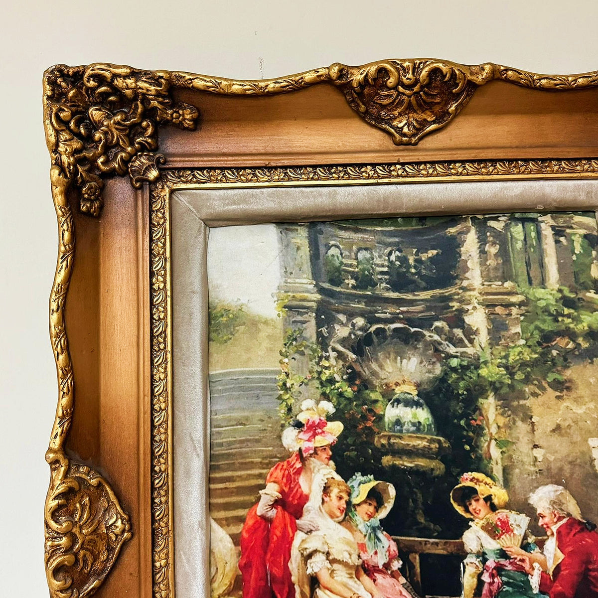 French Rococo-Style Courtyard Scene Wall Art – Ornate Sculpted Wood Frame with Gold Leaf Details