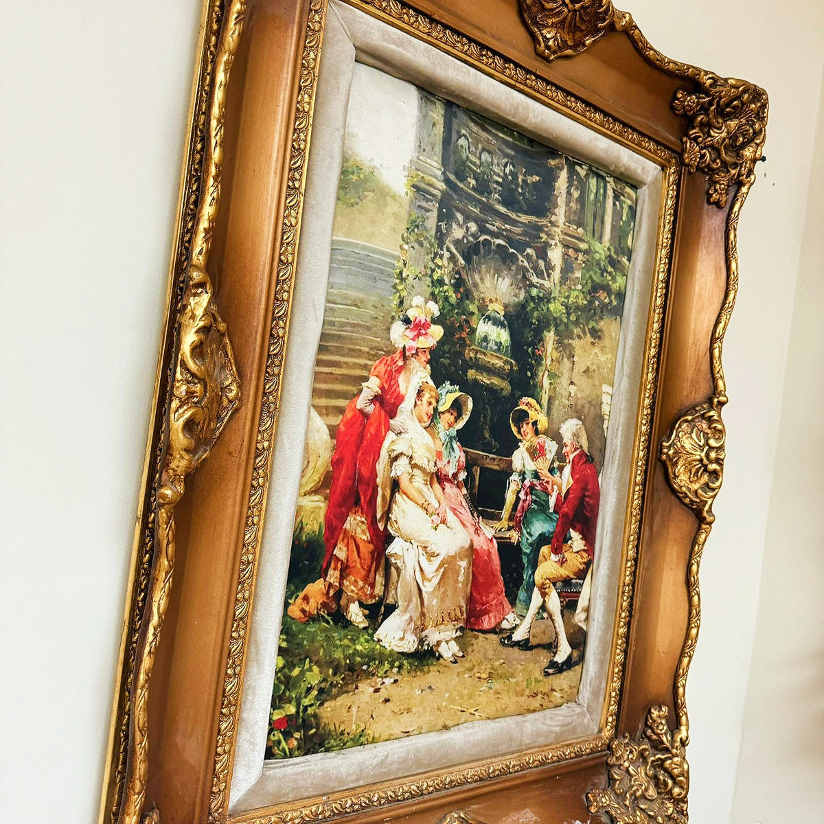 French Rococo-Style Courtyard Scene Wall Art – Ornate Sculpted Wood Frame with Gold Leaf Details