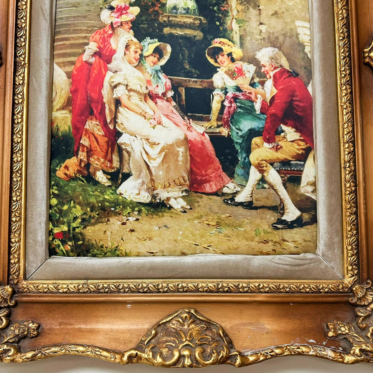 French Rococo-Style Courtyard Scene Wall Art – Ornate Sculpted Wood Frame with Gold Leaf Details