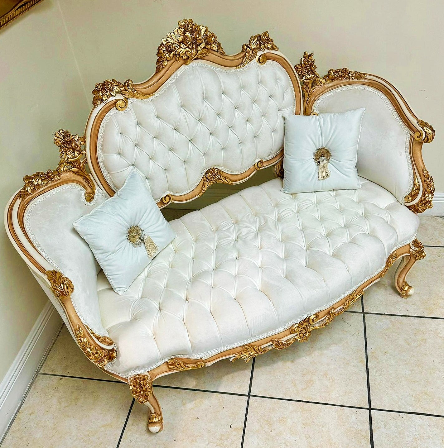 French Style White Sofa Wedding Sofa Tufted Gold Leaf Details