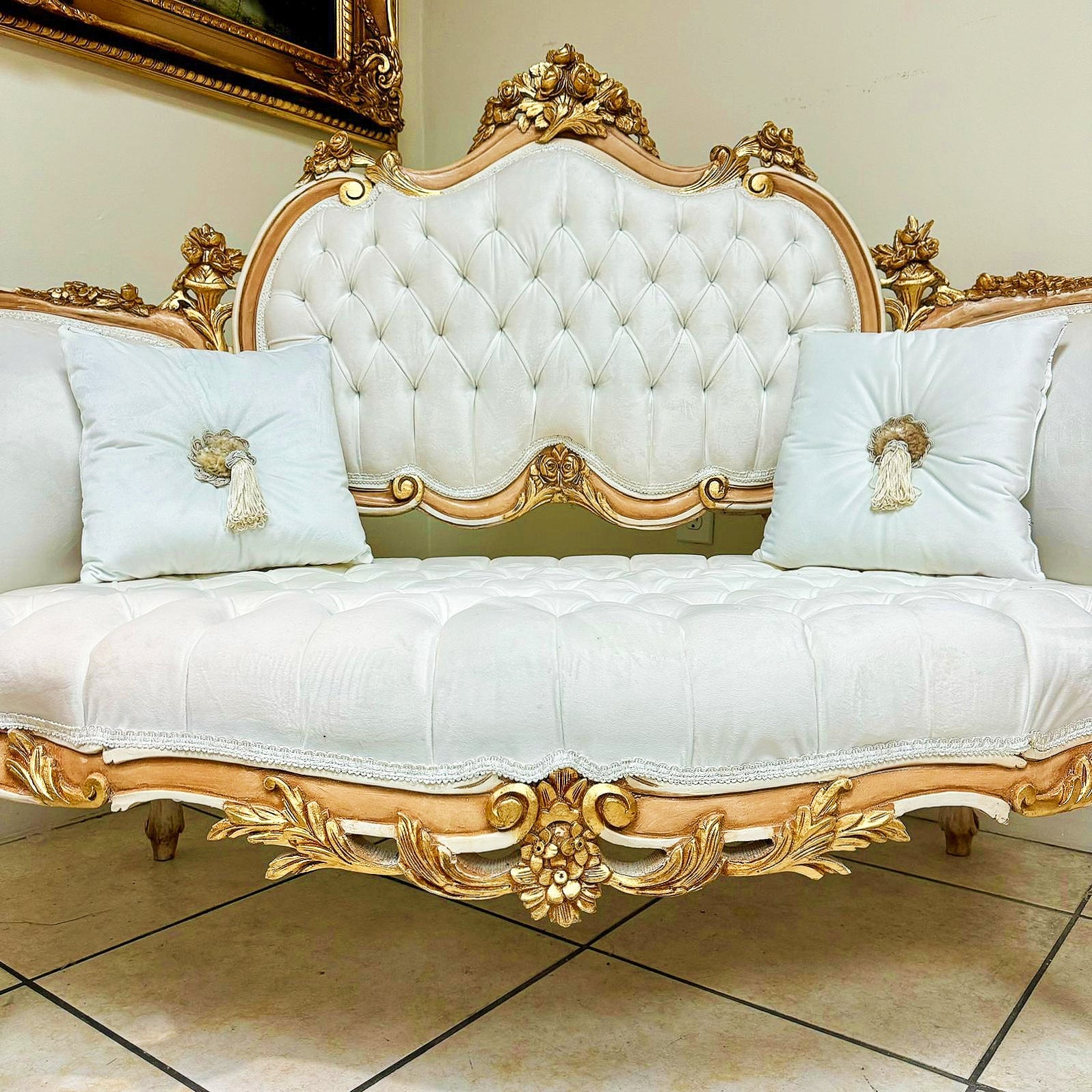 French Style White Sofa Wedding Sofa Tufted Gold Leaf Details