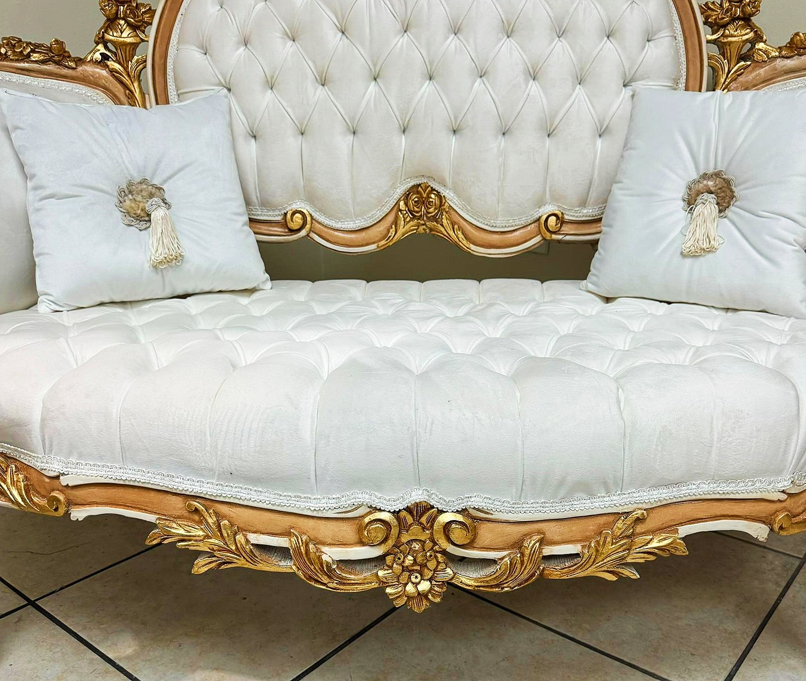 French Style White Sofa Wedding Sofa Tufted Gold Leaf Details