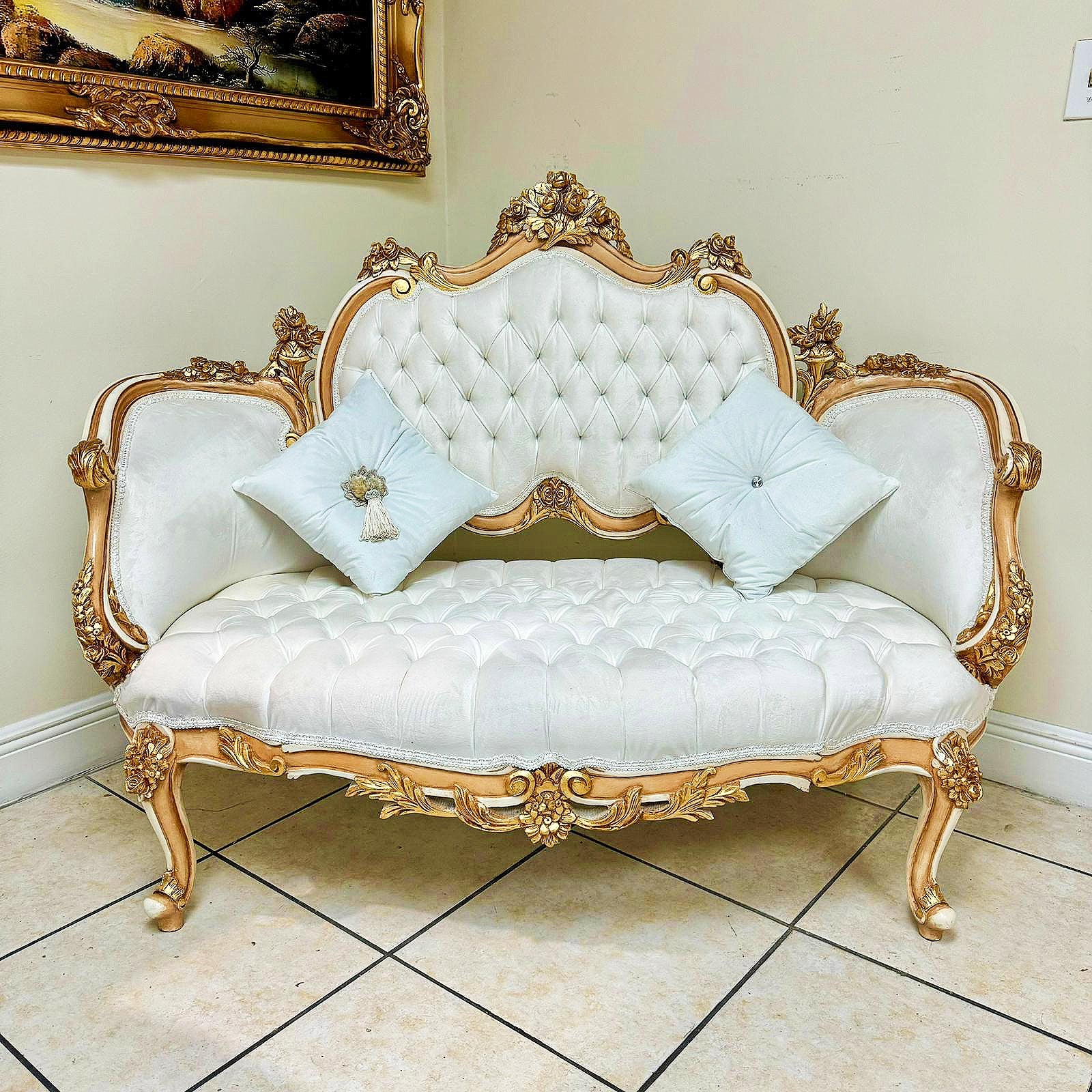 French Style White Sofa Wedding Sofa Tufted Gold Leaf Details