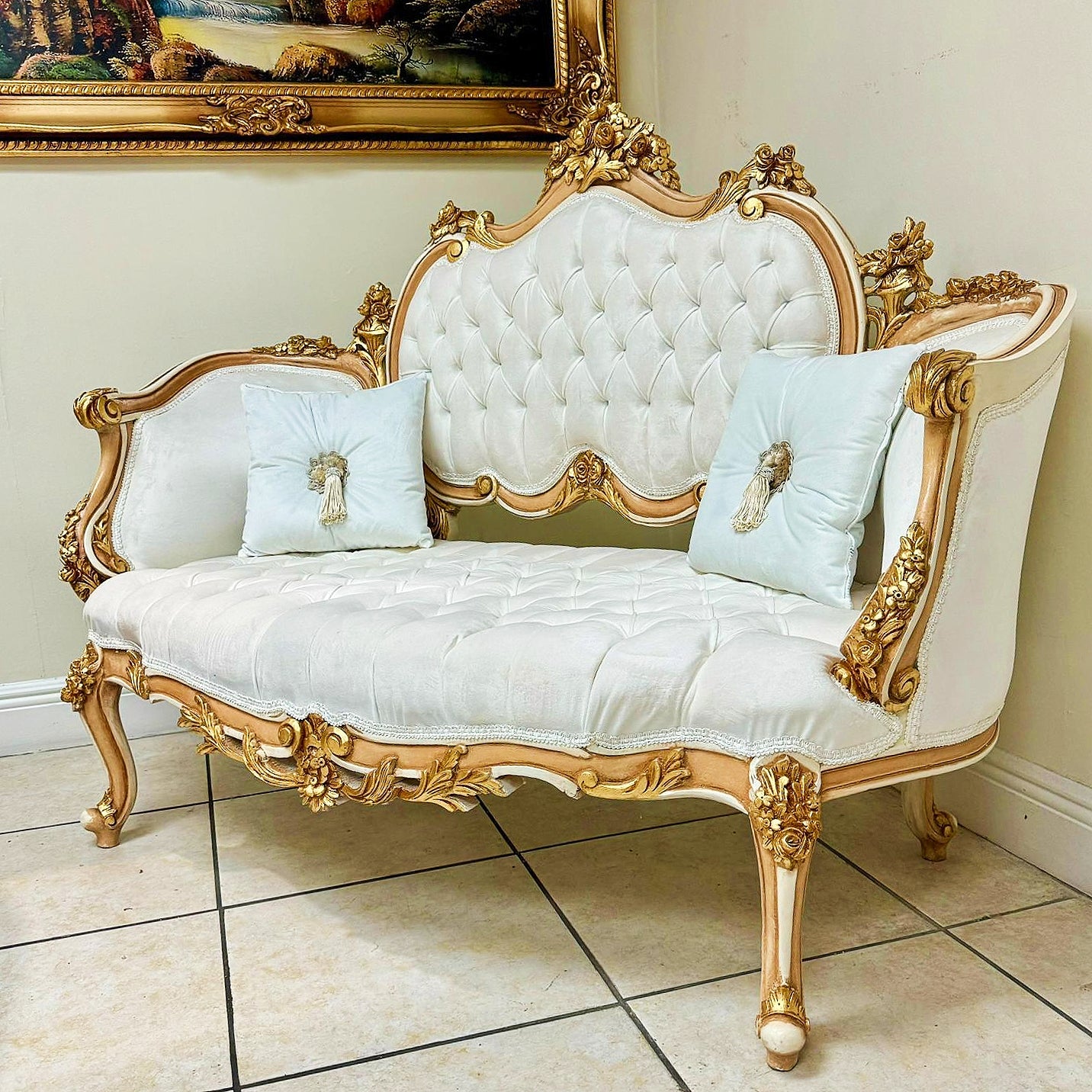 French Style White Sofa Wedding Sofa Tufted Gold Leaf Details
