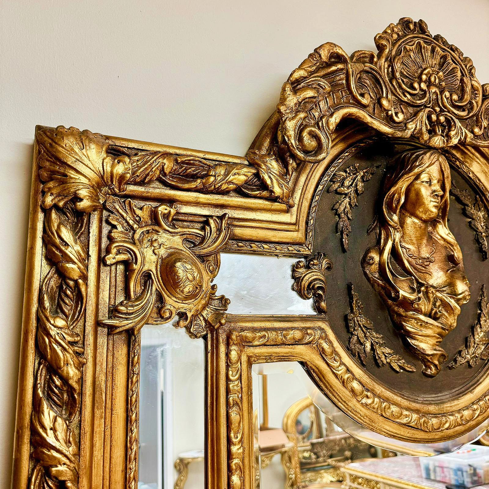 French Woman Face Mirror Baroque Style Rococo Floor Gold Leaf 7.2 Feet Tall