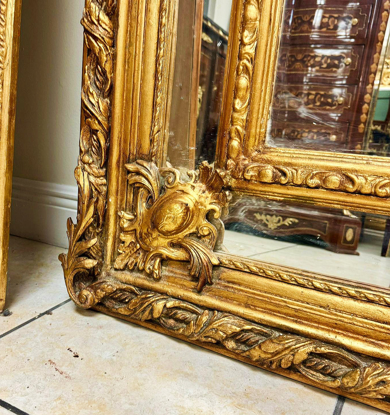 French Woman Face Mirror Baroque Style Rococo Floor Gold Leaf 7.2 Feet Tall