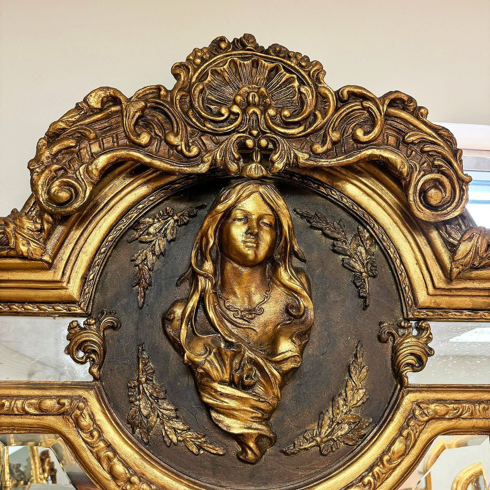 French Woman Face Mirror Baroque Style Rococo Floor Gold Leaf 7.2 Feet Tall