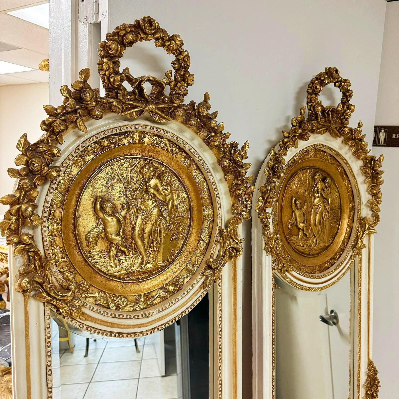 Baroque Style Gold Leaf Floor Mirror Set- Ornate Carved Off-White/Beige Frame