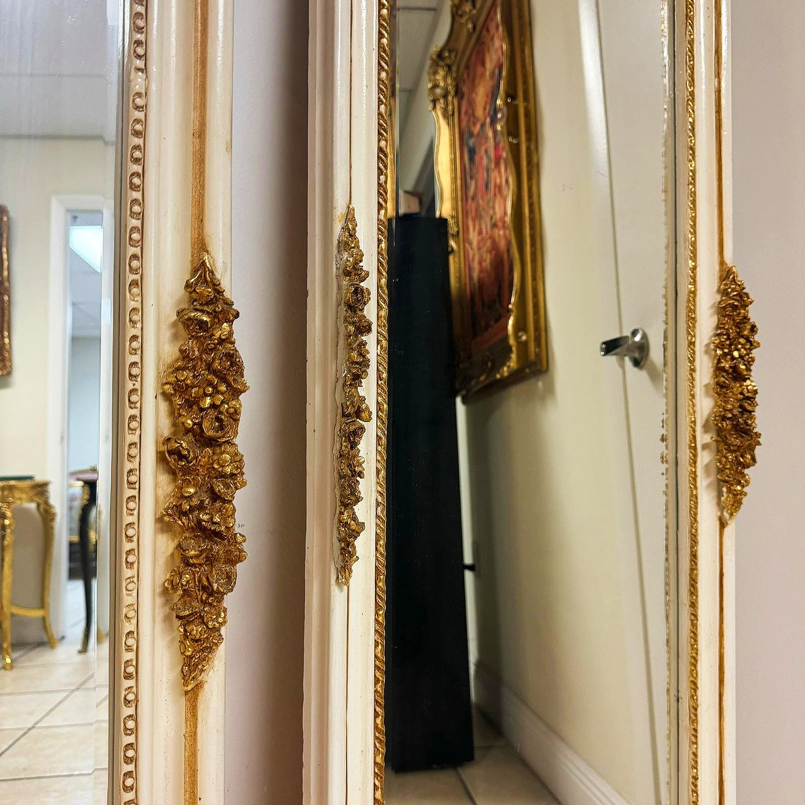 Baroque Style Gold Leaf Floor Mirror Set- Ornate Carved Off-White/Beige Frame