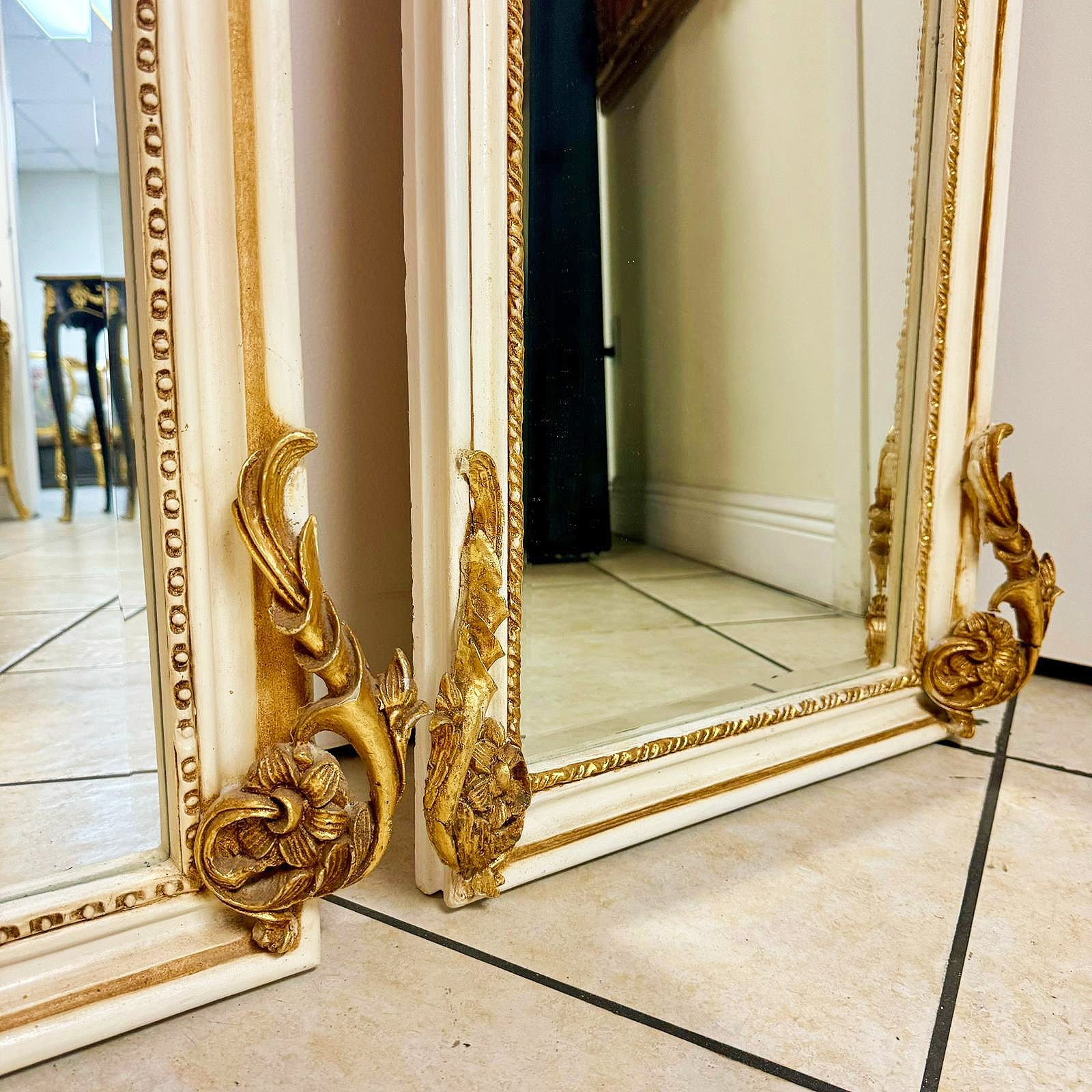 Baroque Style Gold Leaf Floor Mirror Set- Ornate Carved Off-White/Beige Frame