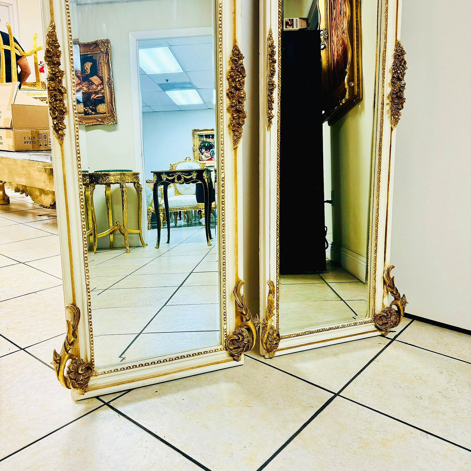 Baroque Style Gold Leaf Floor Mirror Set- Ornate Carved Off-White/Beige Frame